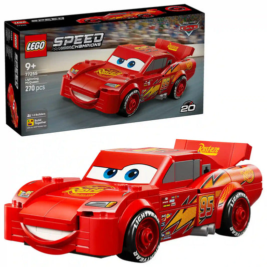 LEGO Speed Champions Villám McQueen 77255 dobozkép és megépített piros versenyautó modell