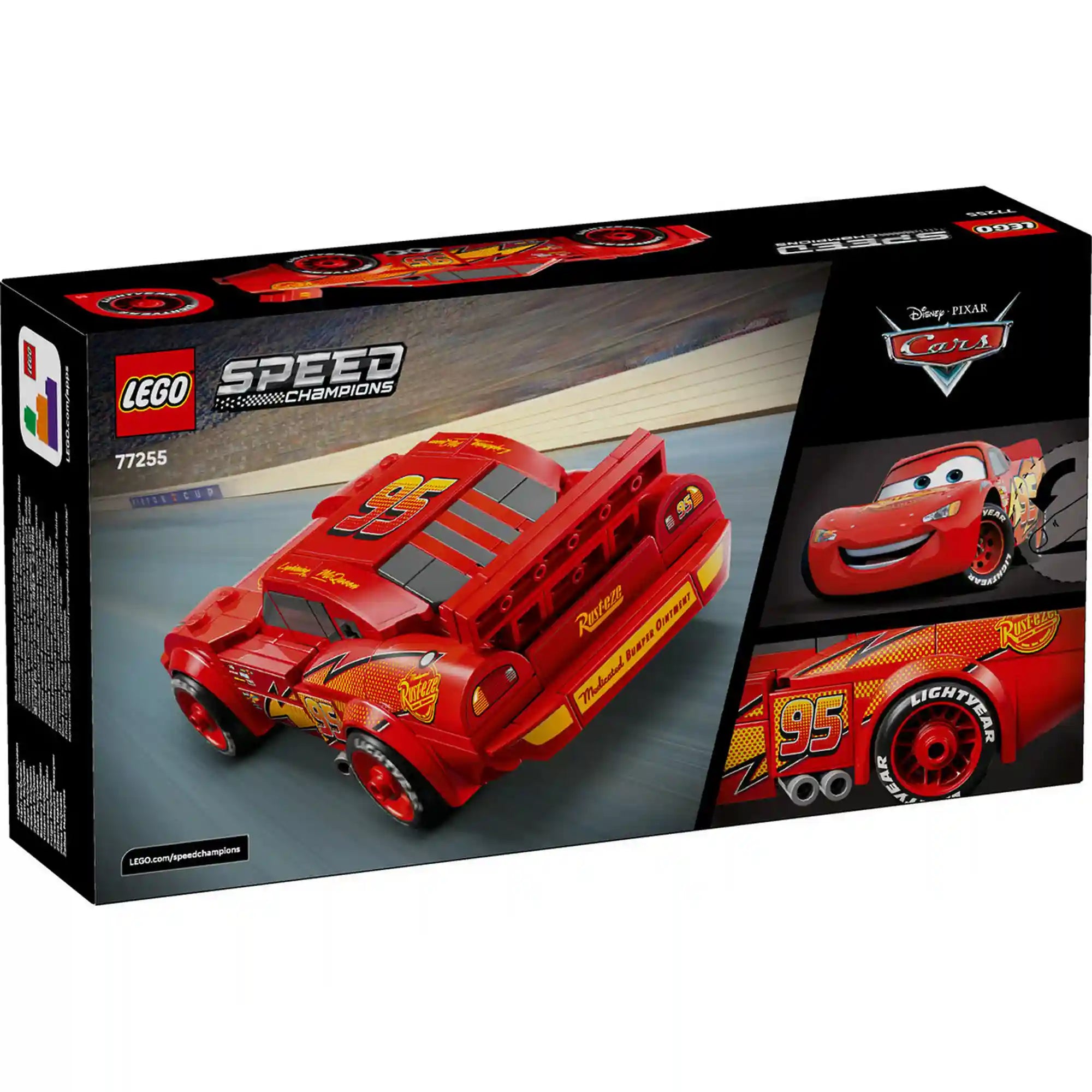 LEGO Speed Champions Villám McQueen 77255 doboz hátoldala, részletes nézetekkel és jelenetekkel