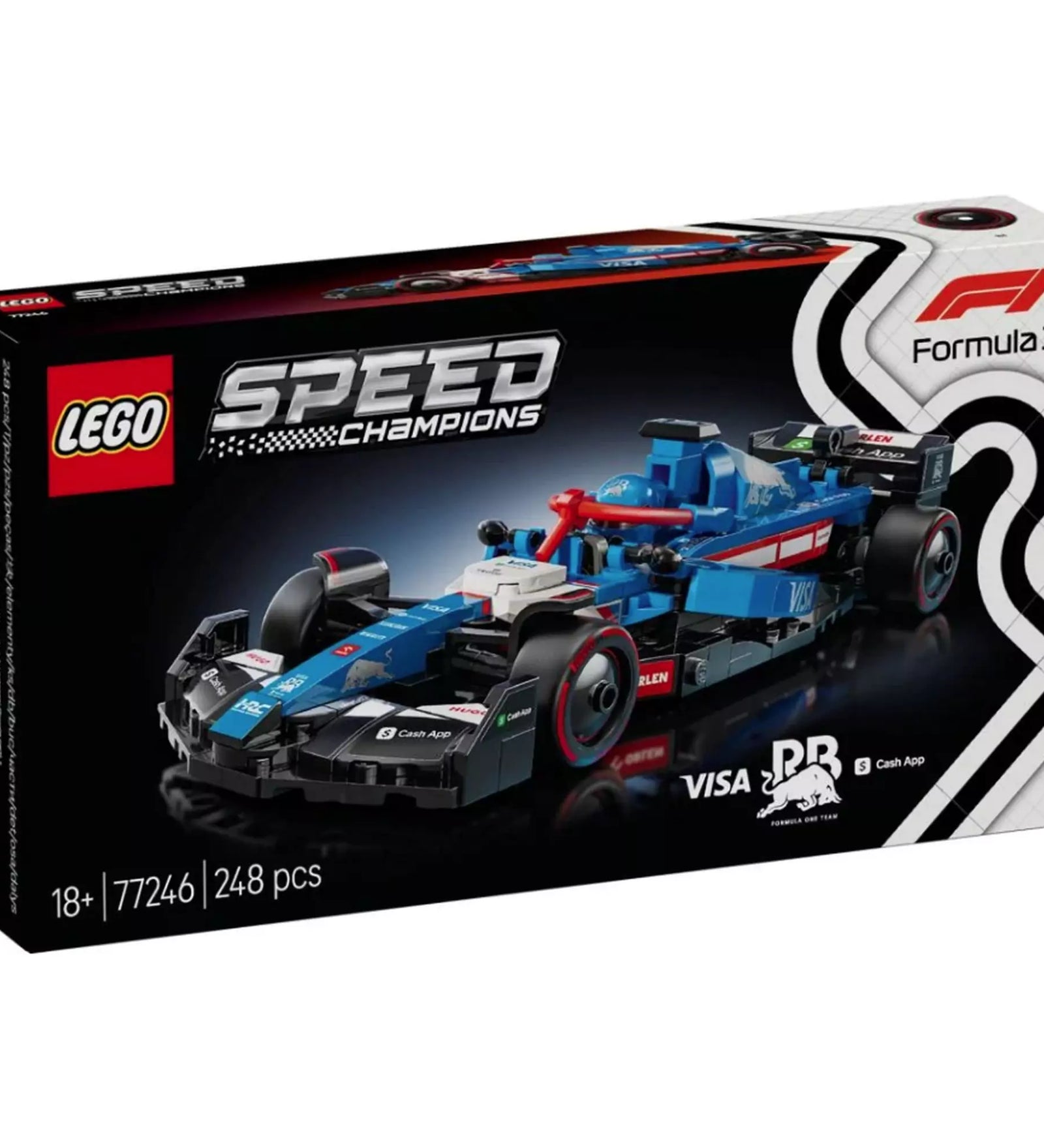 A LEGO Speed Champions Visa Cash App RB VCARB 01 F1 versenyautó 77246 doboza elölnézetből, 248 darabbal.