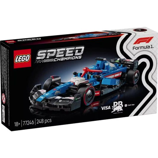 A LEGO Speed Champions Visa Cash App RB VCARB 01 F1 versenyautó 77246 doboza elölnézetből, 248 darabbal.