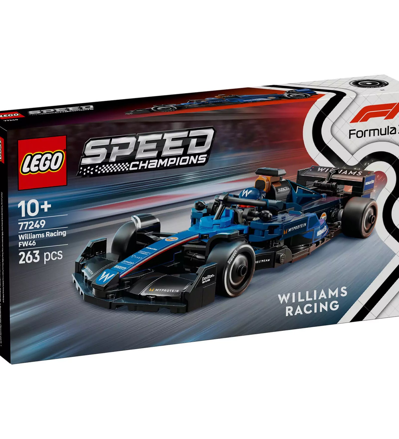 A LEGO Speed Champions 77249 - Williams Racing FW46 készlet dobozának eleje, a teljes autóval, 10+ korosztályi ajánlással és 263 darabbal.
