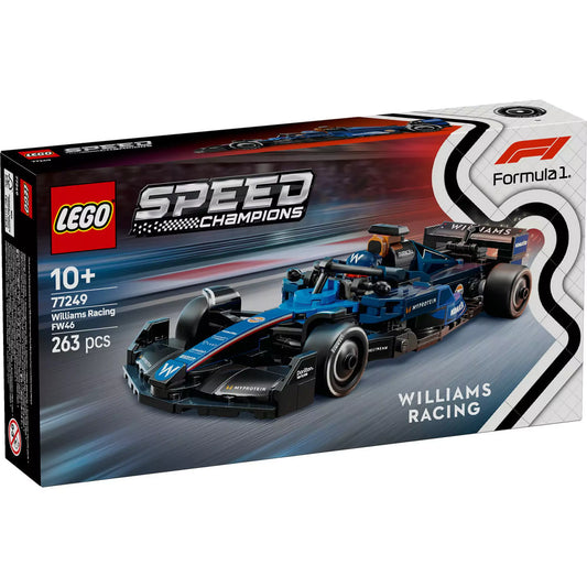 A LEGO Speed Champions 77249 - Williams Racing FW46 készlet dobozának eleje, a teljes autóval, 10+ korosztályi ajánlással és 263 darabbal.