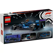 A LEGO Speed Champions 77249 készlet hátoldala, ahol a Williams FW46 autó, a sisak és a felülnézetes autóábrázolás látható.