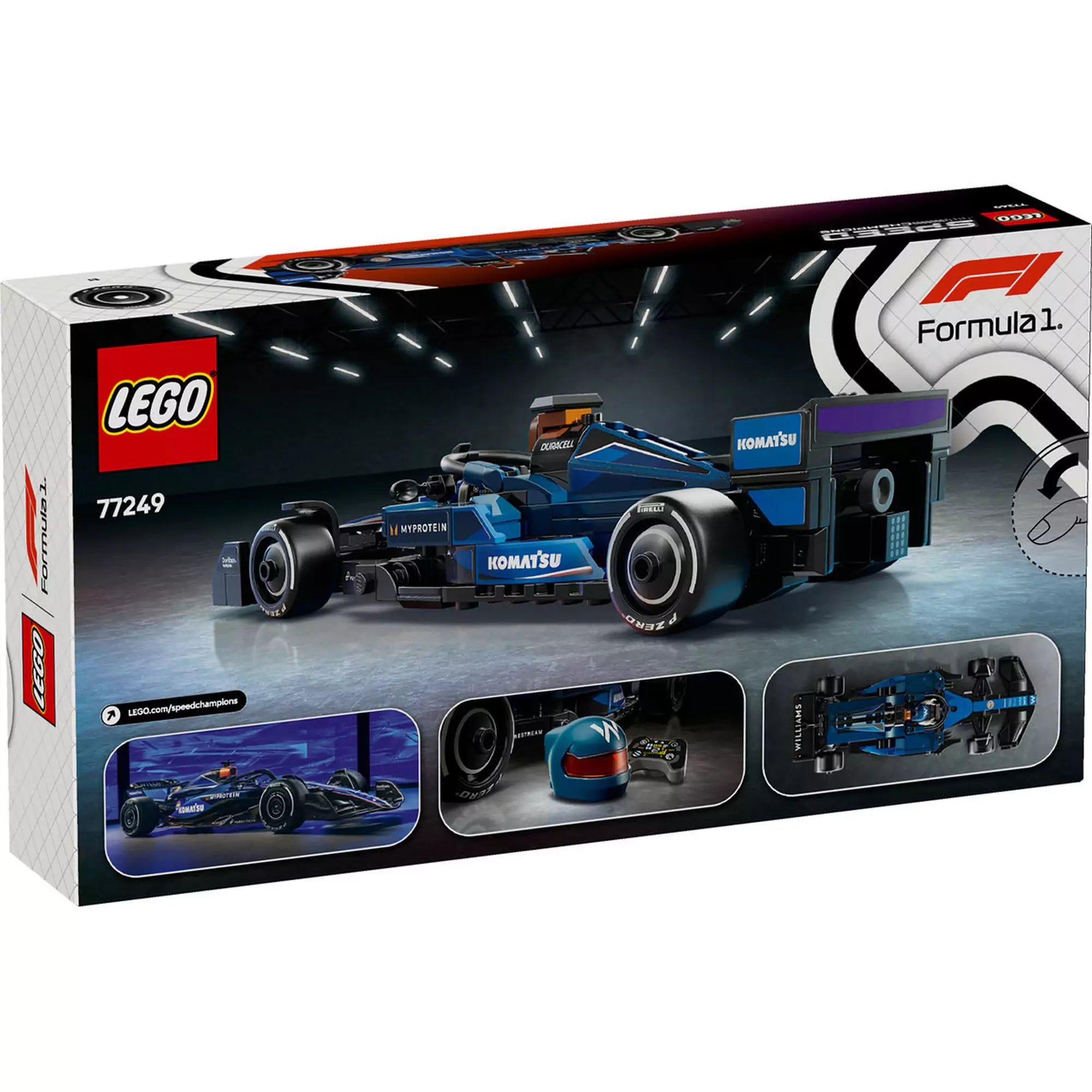 A LEGO Speed Champions 77249 készlet hátoldala, ahol a Williams FW46 autó, a sisak és a felülnézetes autóábrázolás látható.