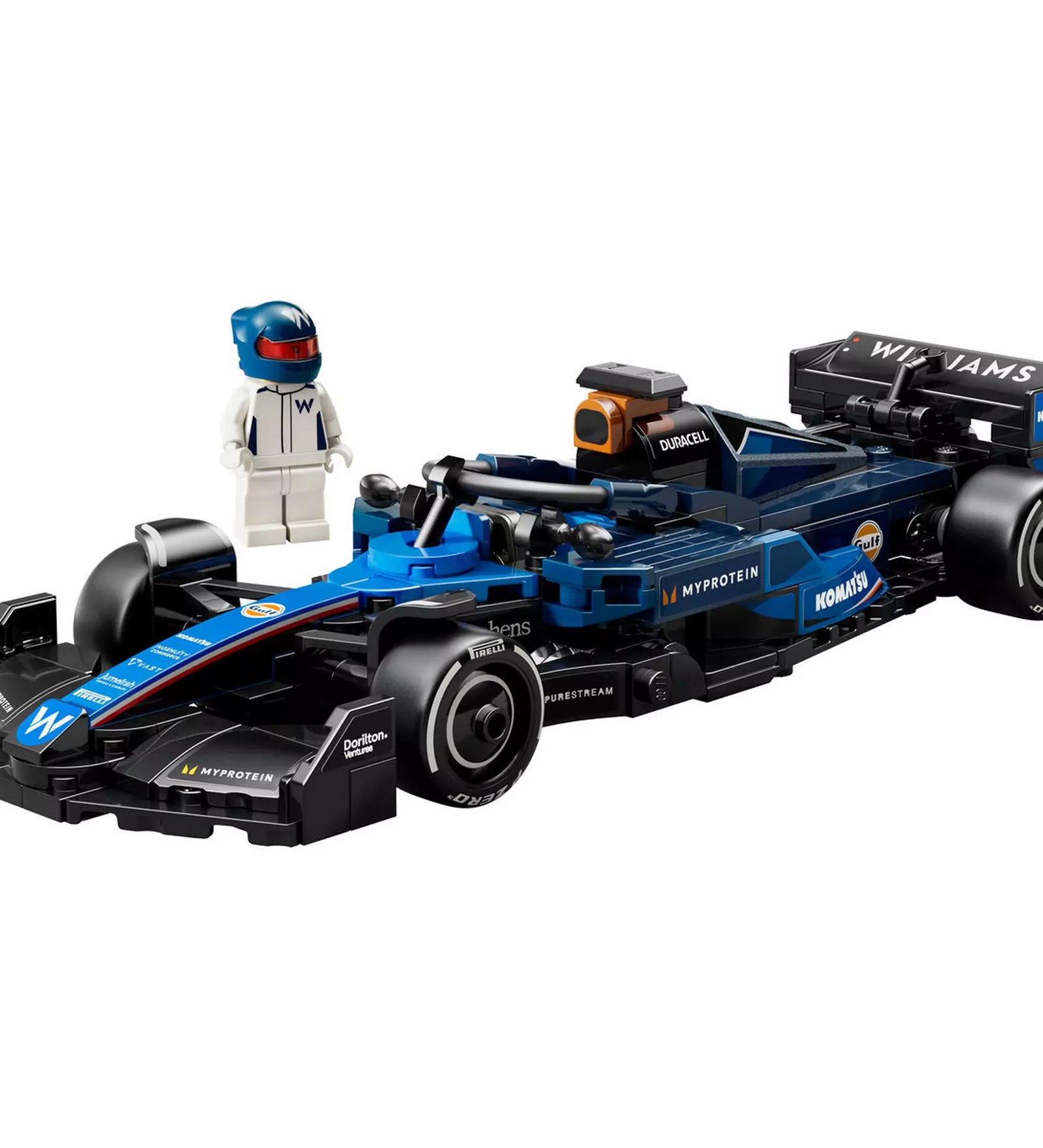 A LEGO Speed Champions Williams Racing FW46 versenyautó teljes szerelvényben, mellette a hozzá tartozó pilóta minifigurával.