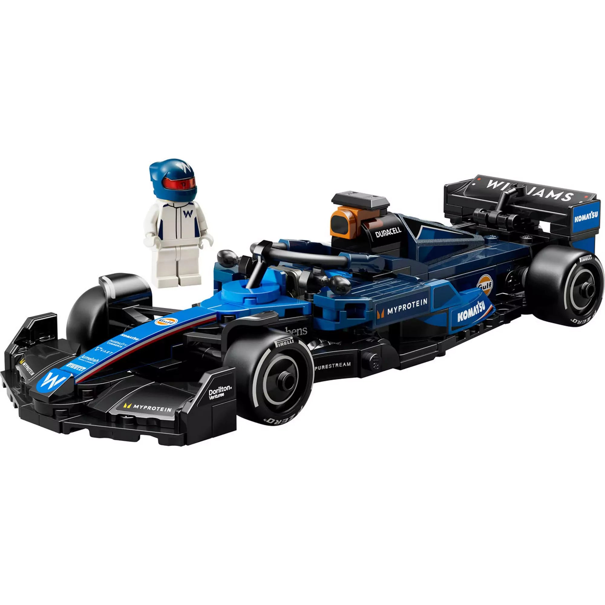 A LEGO Speed Champions Williams Racing FW46 versenyautó teljes szerelvényben, mellette a hozzá tartozó pilóta minifigurával.