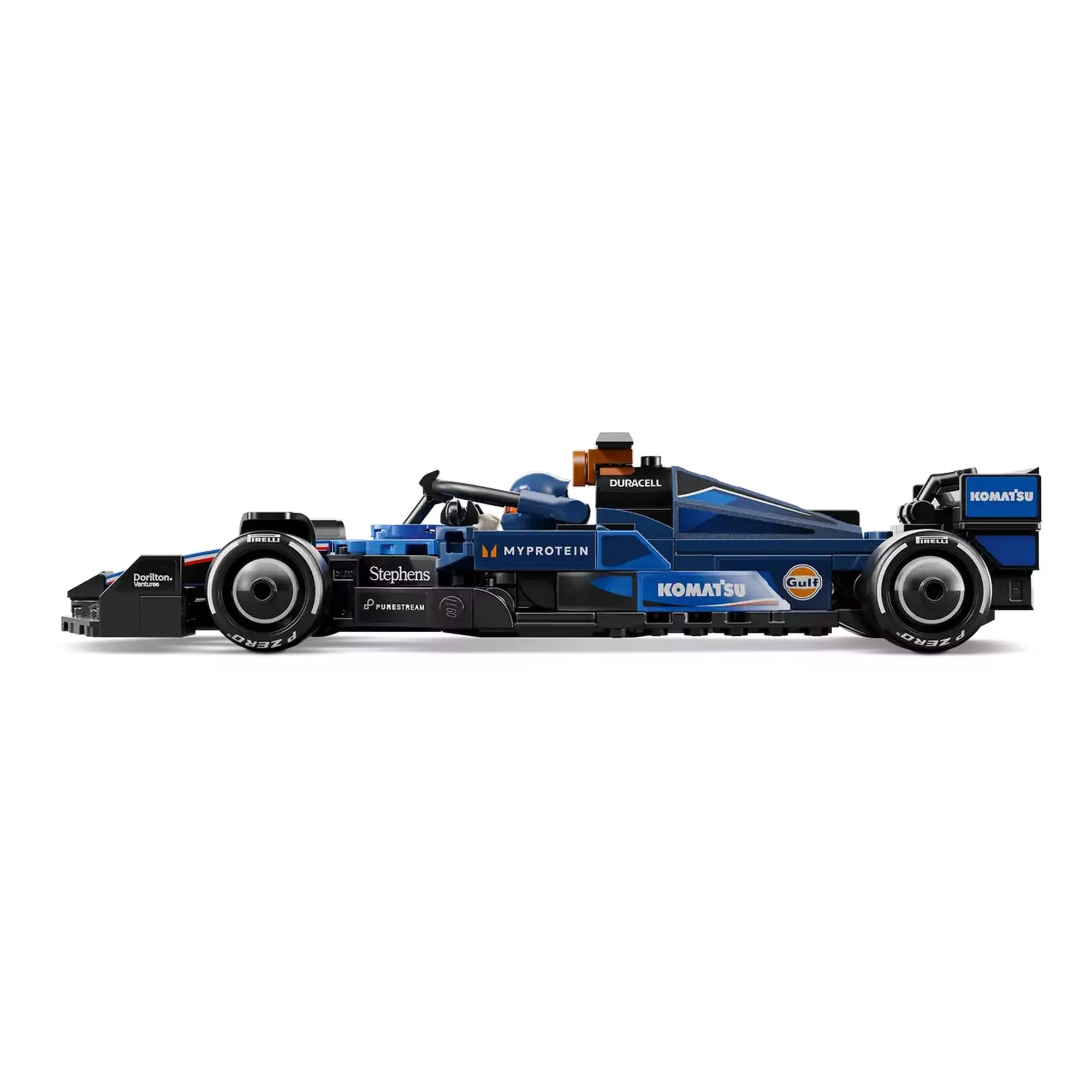 A LEGO Speed Champions Williams Racing FW46 versenyautó oldalnézete, részletesen kidolgozott szponzormatricákkal és aerodinamikai elemekkel.