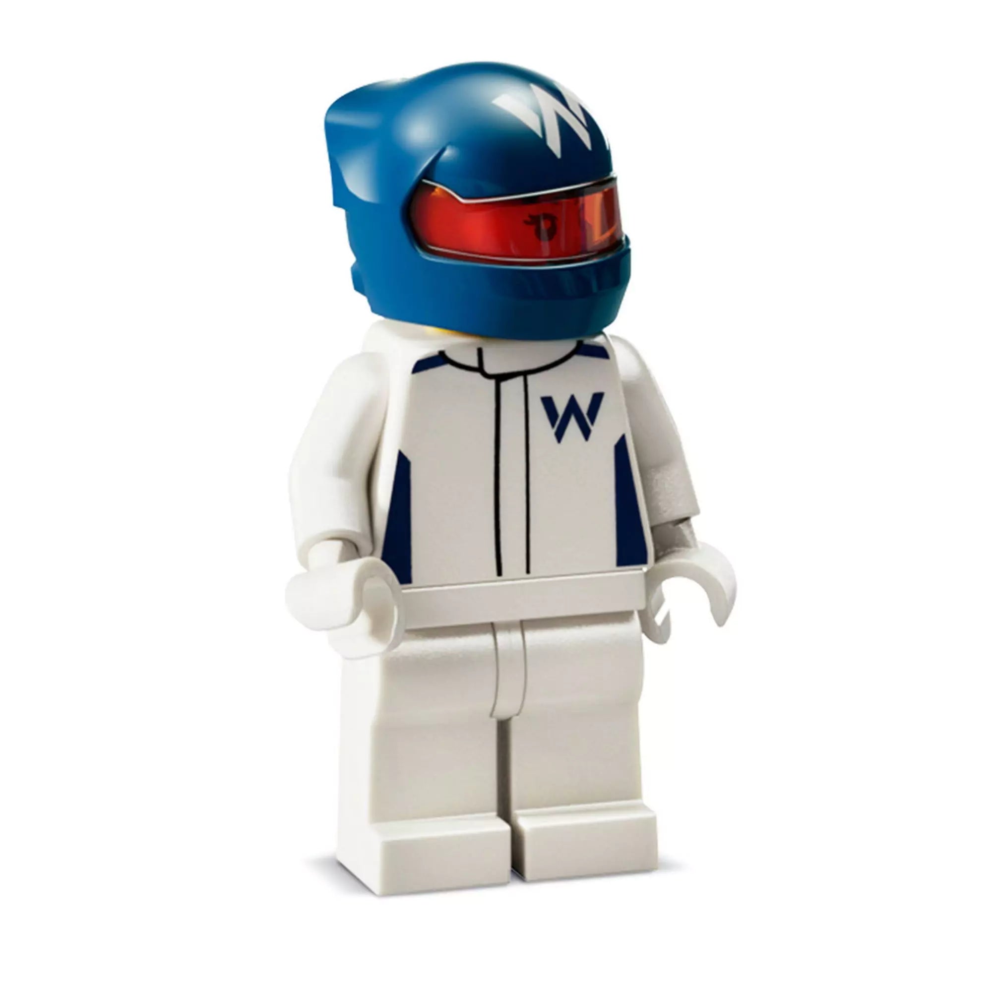A LEGO Williams Racing FW46 készlethez tartozó pilóta minifigura kék sisakkal, piros plexivel és fehér overallban, W logóval.