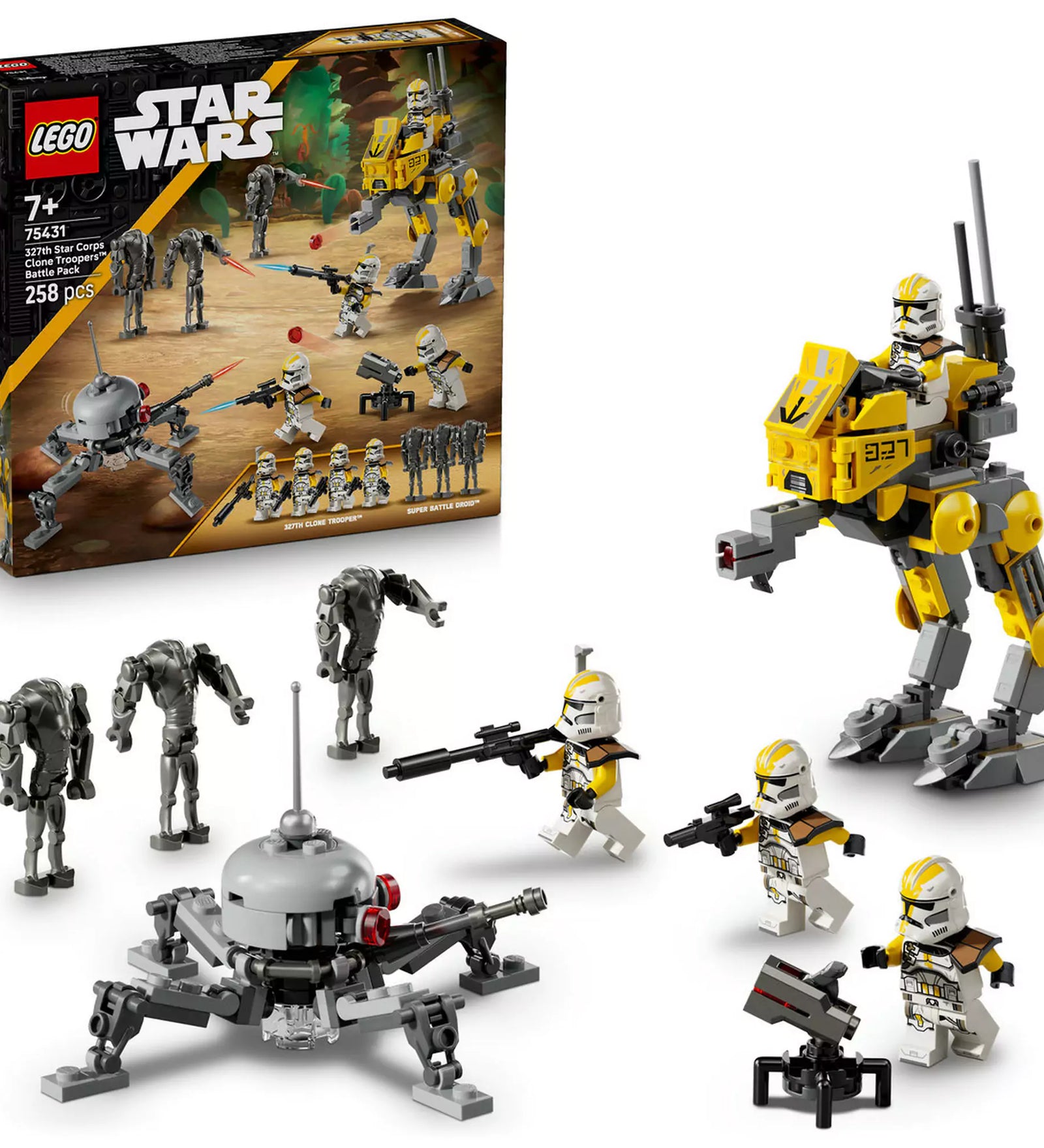 „LEGO Star Wars: 327. klónkatonák harci csomag (75431) készlet dobozzal, minifigurákkal, droidokkal és járművekkel.”