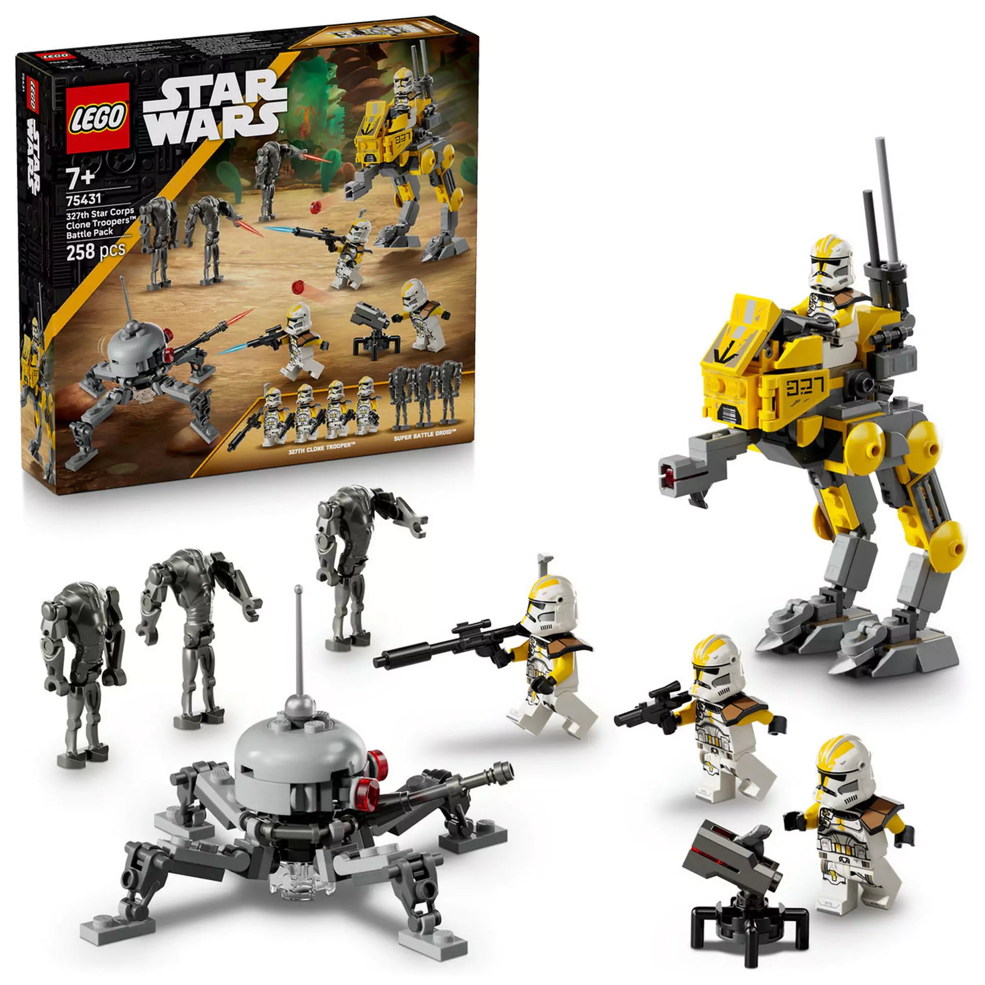 „LEGO Star Wars: 327. klónkatonák harci csomag (75431) készlet dobozzal, minifigurákkal, droidokkal és járművekkel.”