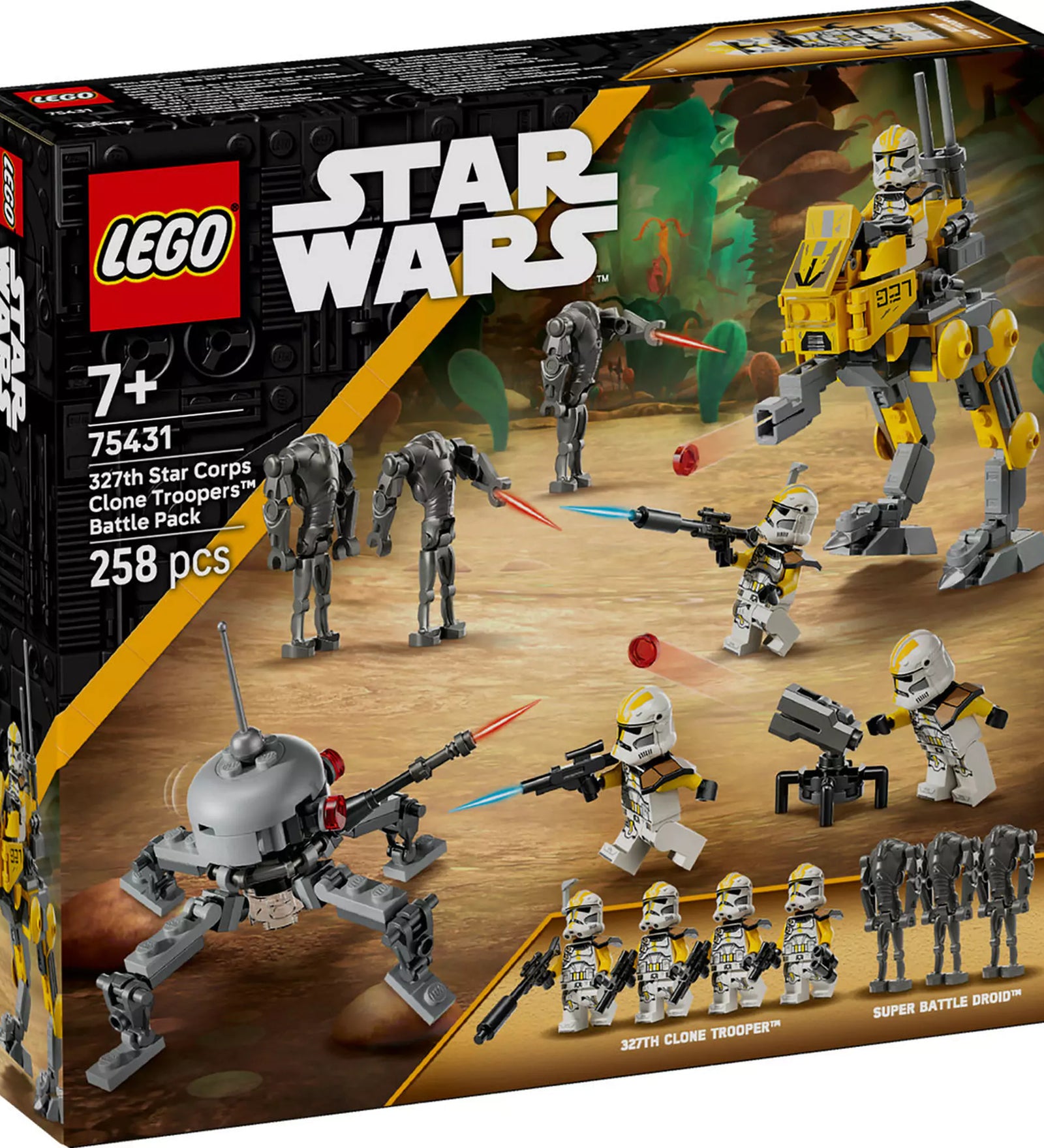„LEGO Star Wars: 327. klónkatonák harci csomag (75431) dobozkép, klónkatonák, szuper harci droidok és AT-RT jármű akcióban.”