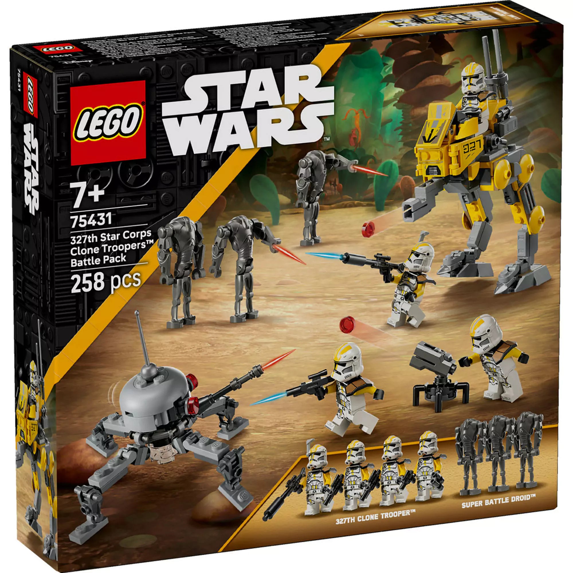 „LEGO Star Wars: 327. klónkatonák harci csomag (75431) dobozkép, klónkatonák, szuper harci droidok és AT-RT jármű akcióban.”