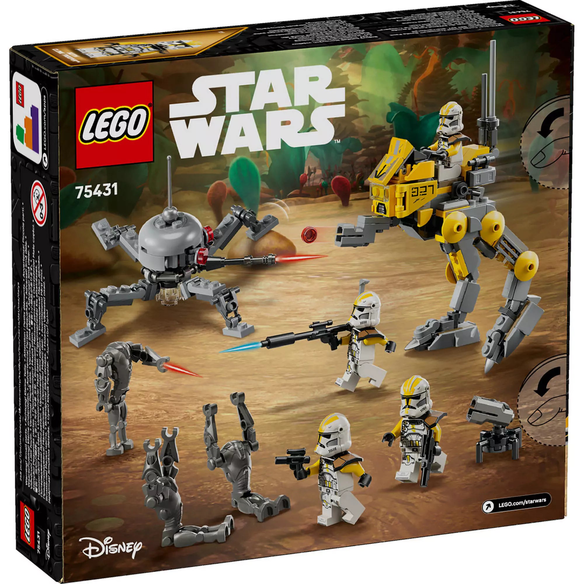 „LEGO Star Wars: 327. klónkatonák harci csomag (75431) doboz hátulja, részletes játékelemekkel és harci jelenetekkel.”
