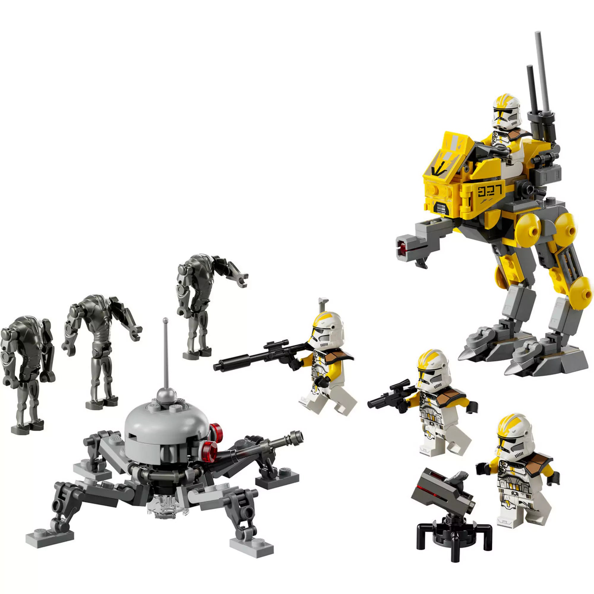 „LEGO Star Wars: 327. klónkatonák harci csomag (75431) összes eleme, minifigurák, droidok és AT-RT jármű egy képen.”
