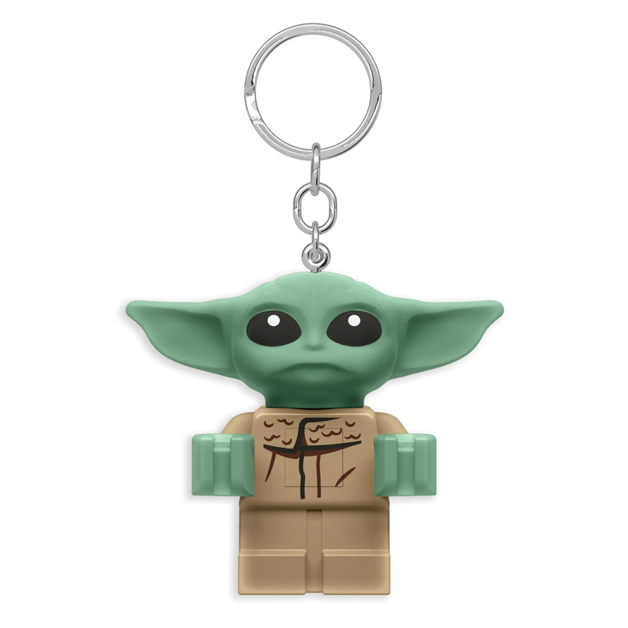 A LEGO Star Wars: A Mandalóri – Baby Yoda LED kulcstartó aranyos, zöld fejű és nagy fülű minifigura formában, fémszínű kulcskarikával.