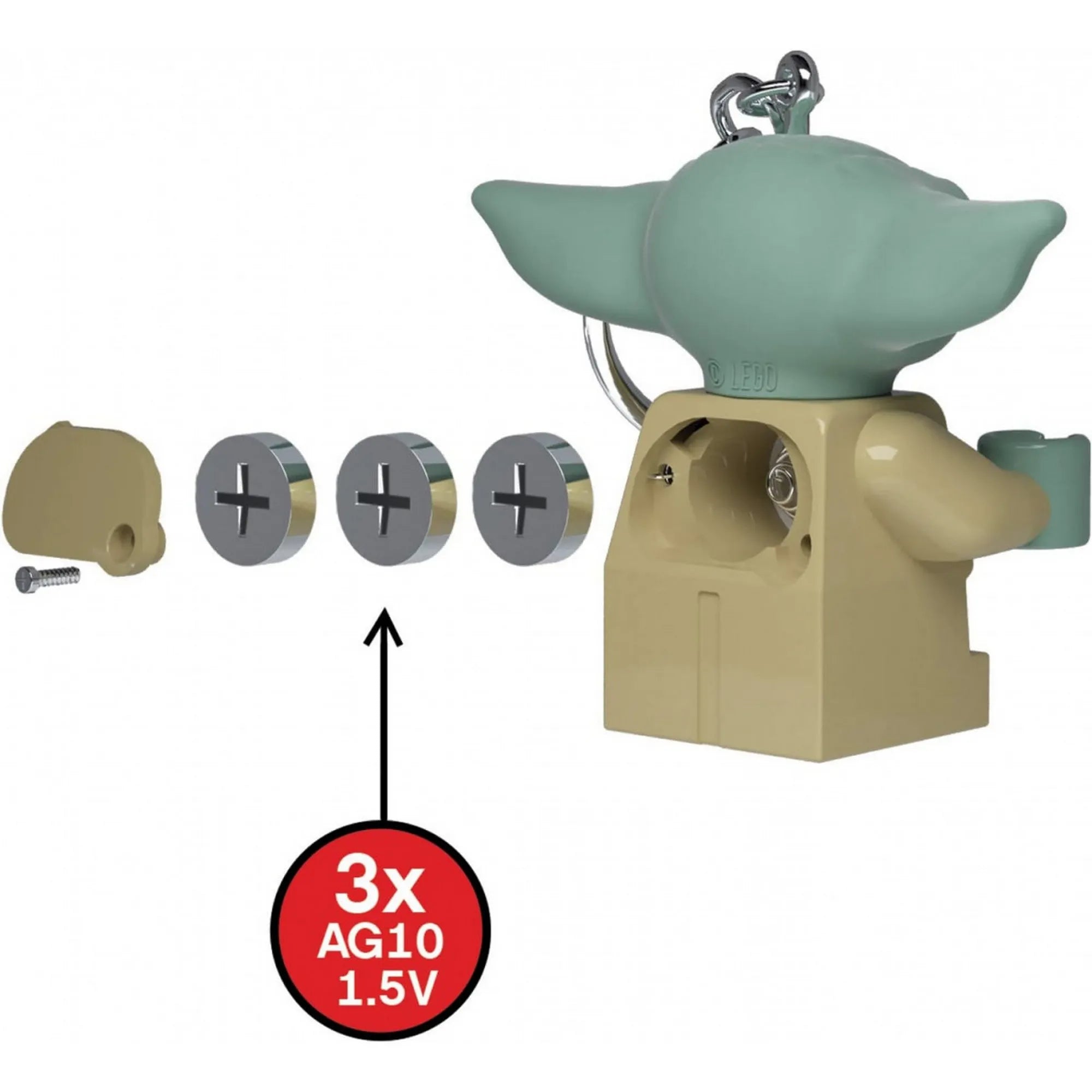 A LEGO Star Wars: Baby Yoda LED kulcstartó hátulról, a nyitott elemtartó rekesszel és három darab AG10-es gombelemmel.