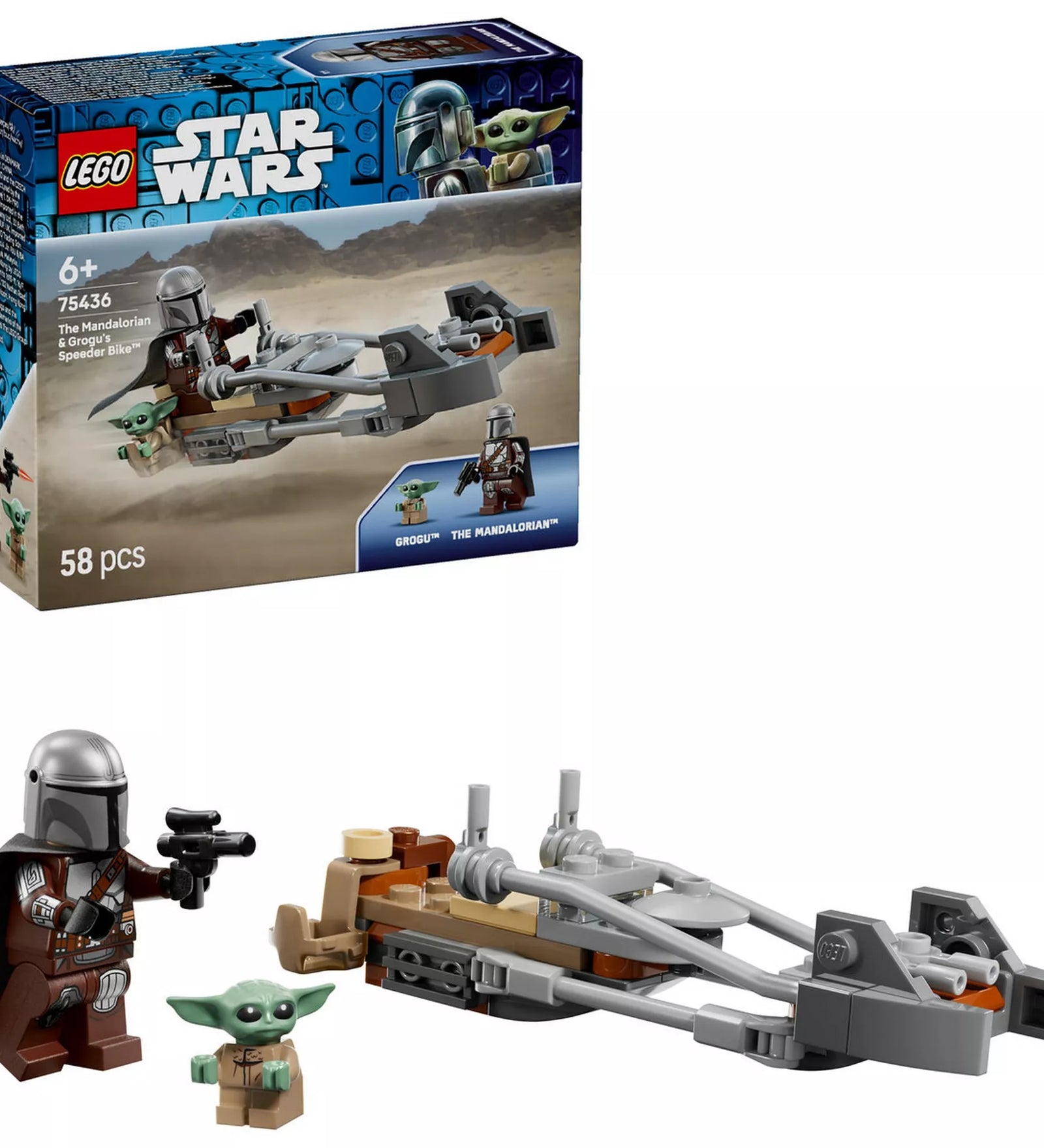 A LEGO Star Wars The Mandalorian & Grogu gyorsmotor (75436) doboza és a megépített speeder bike modell a minifigurákkal, fehér háttéren bemutatva.