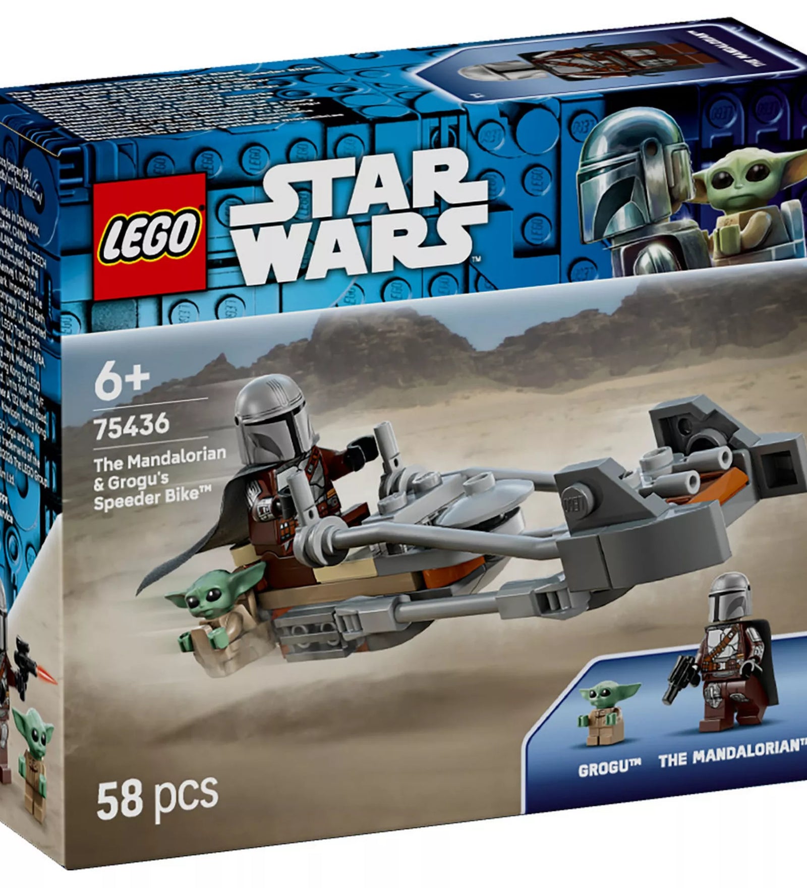 LEGO Star Wars The Mandalorian és Grogu gyorsmotorja (75436) dobozképe, a Tatooine sivatagában száguldó speeder bike-kal, Mandalorian minifigurával és Grogu figurával.