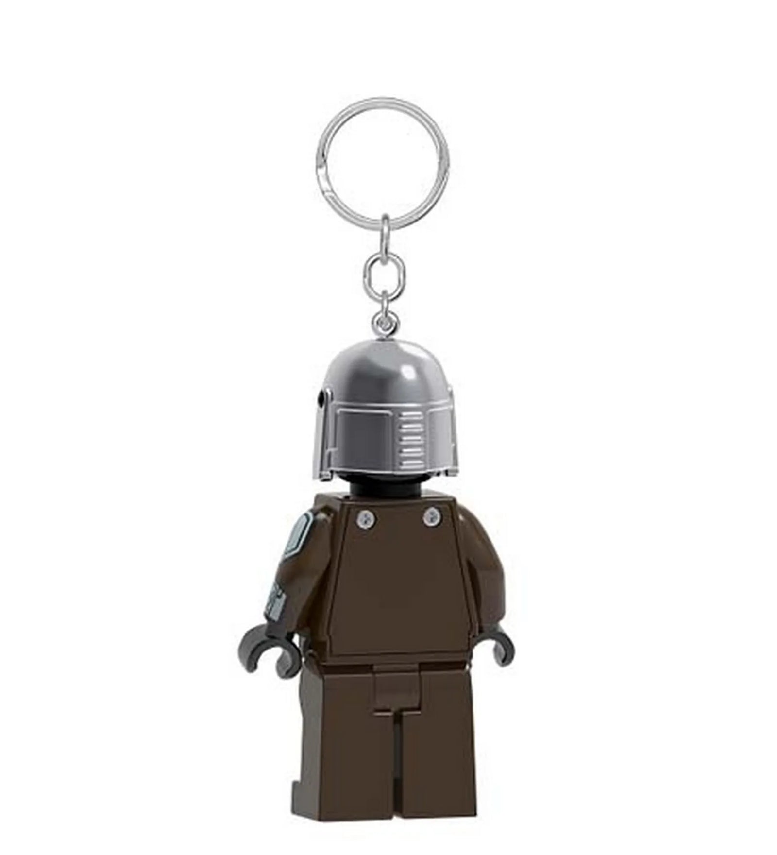 LEGO Mandalori LED-es kulcstartó hátulnézetből, a fém kulcskarikával és a minifigura részletes sisakformájával.