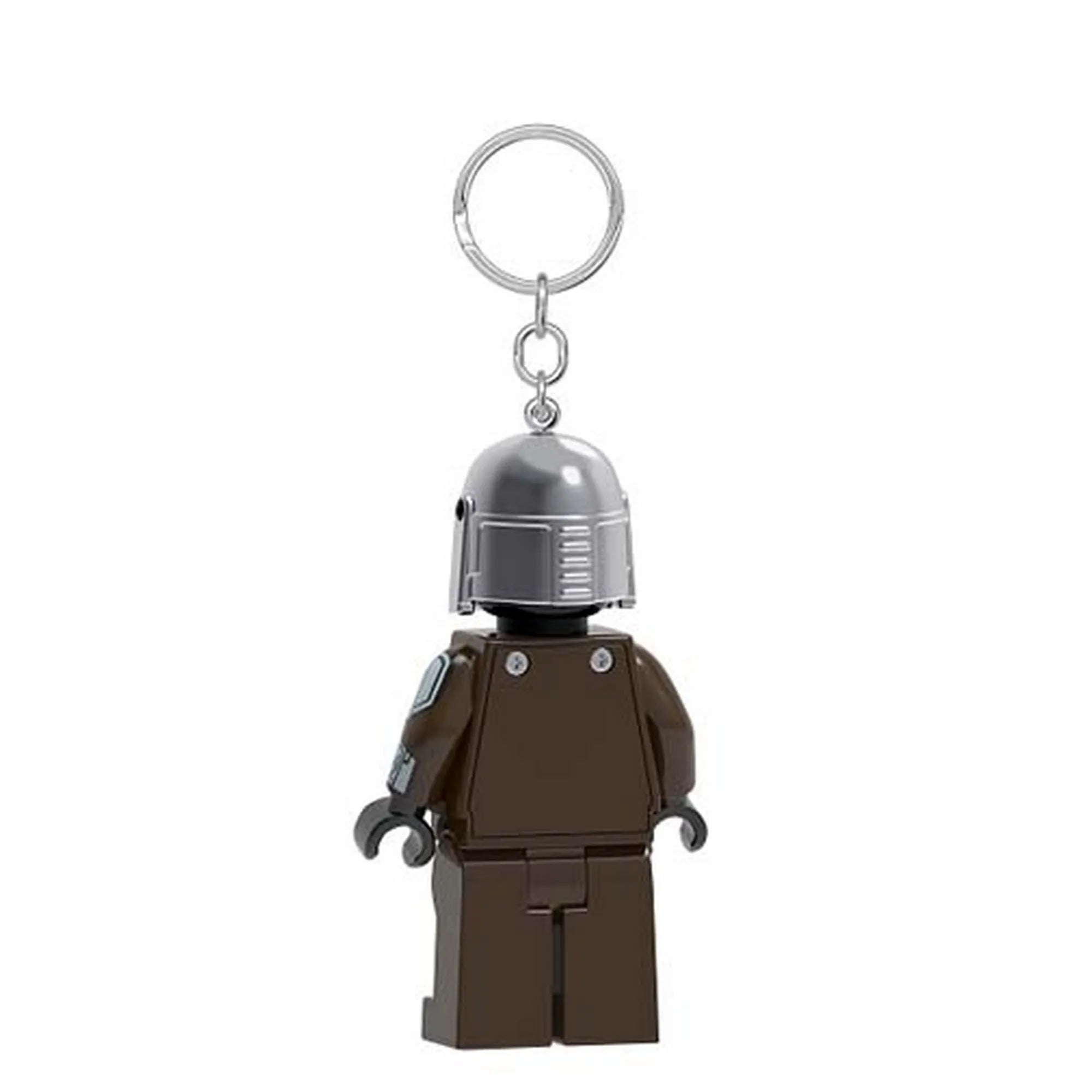 LEGO Mandalori LED-es kulcstartó hátulnézetből, a fém kulcskarikával és a minifigura részletes sisakformájával.