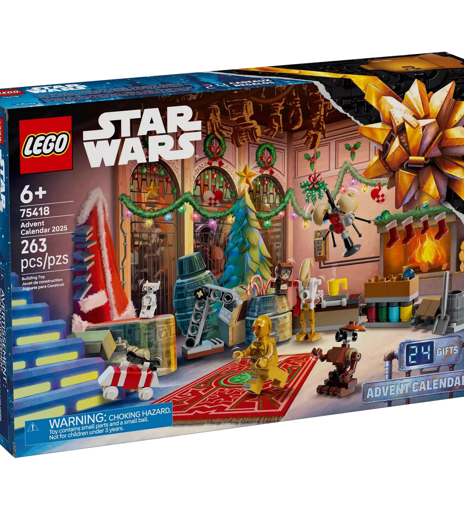 LEGO Star Wars Adventi naptár 2025 (75418) doboz előlnézetben, ünnepi díszítéssel és droidépítő műhellyel, 24 ajtóval és karácsonyi hangulattal.
