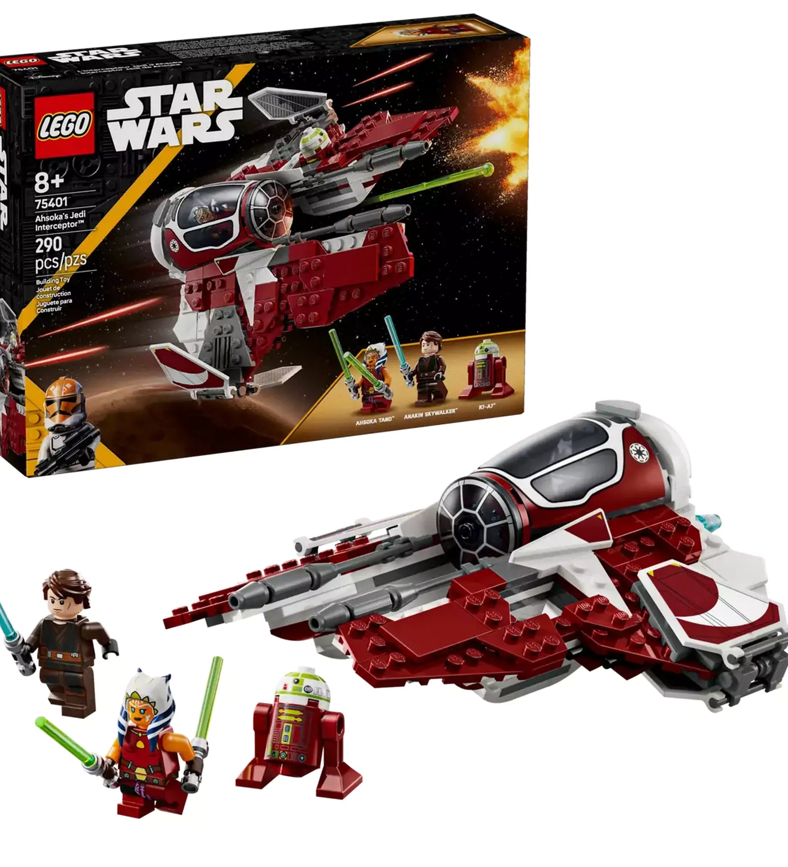  LEGO Star Wars Ahsoka Jedi elfogóvadásza (75401) modell és doboza együtt, Ahsoka, Anakin és R7-A7 minifigurákkal.