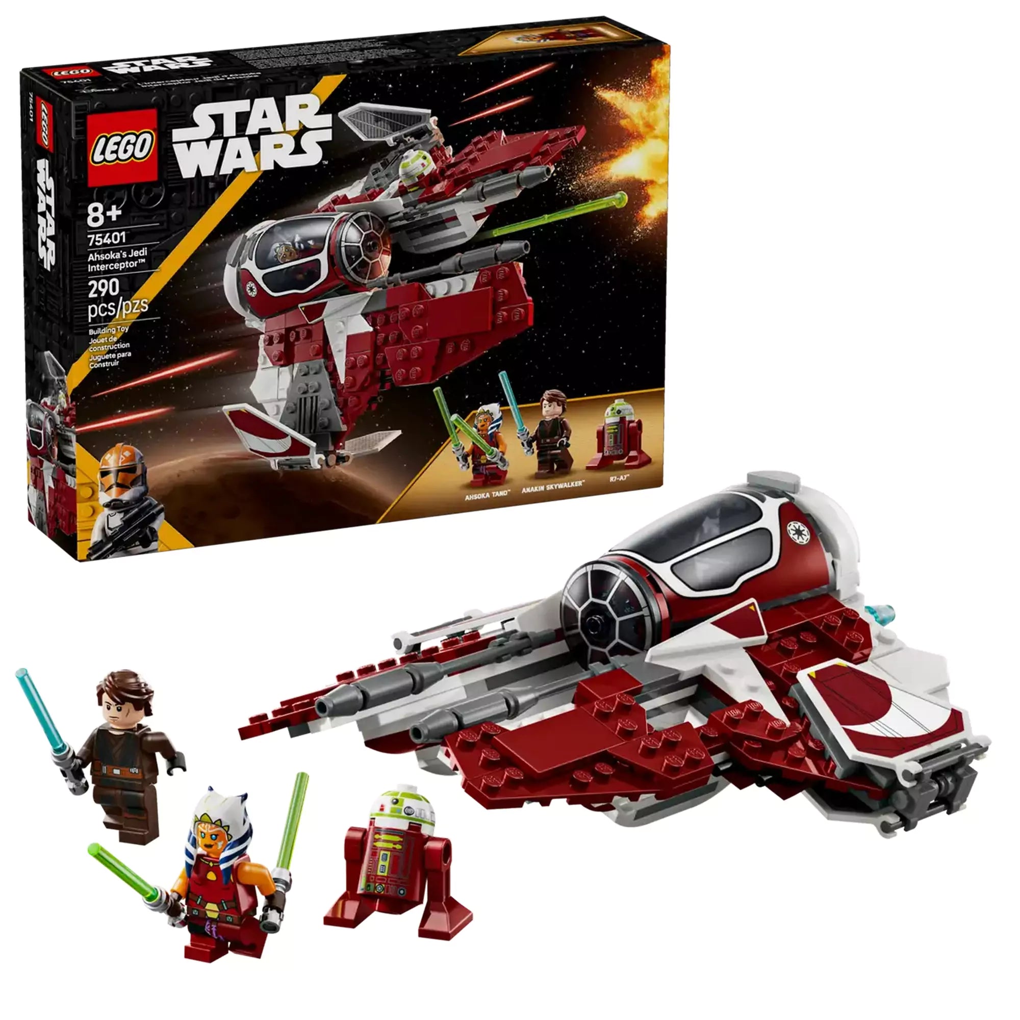  LEGO Star Wars Ahsoka Jedi elfogóvadásza (75401) modell és doboza együtt, Ahsoka, Anakin és R7-A7 minifigurákkal.