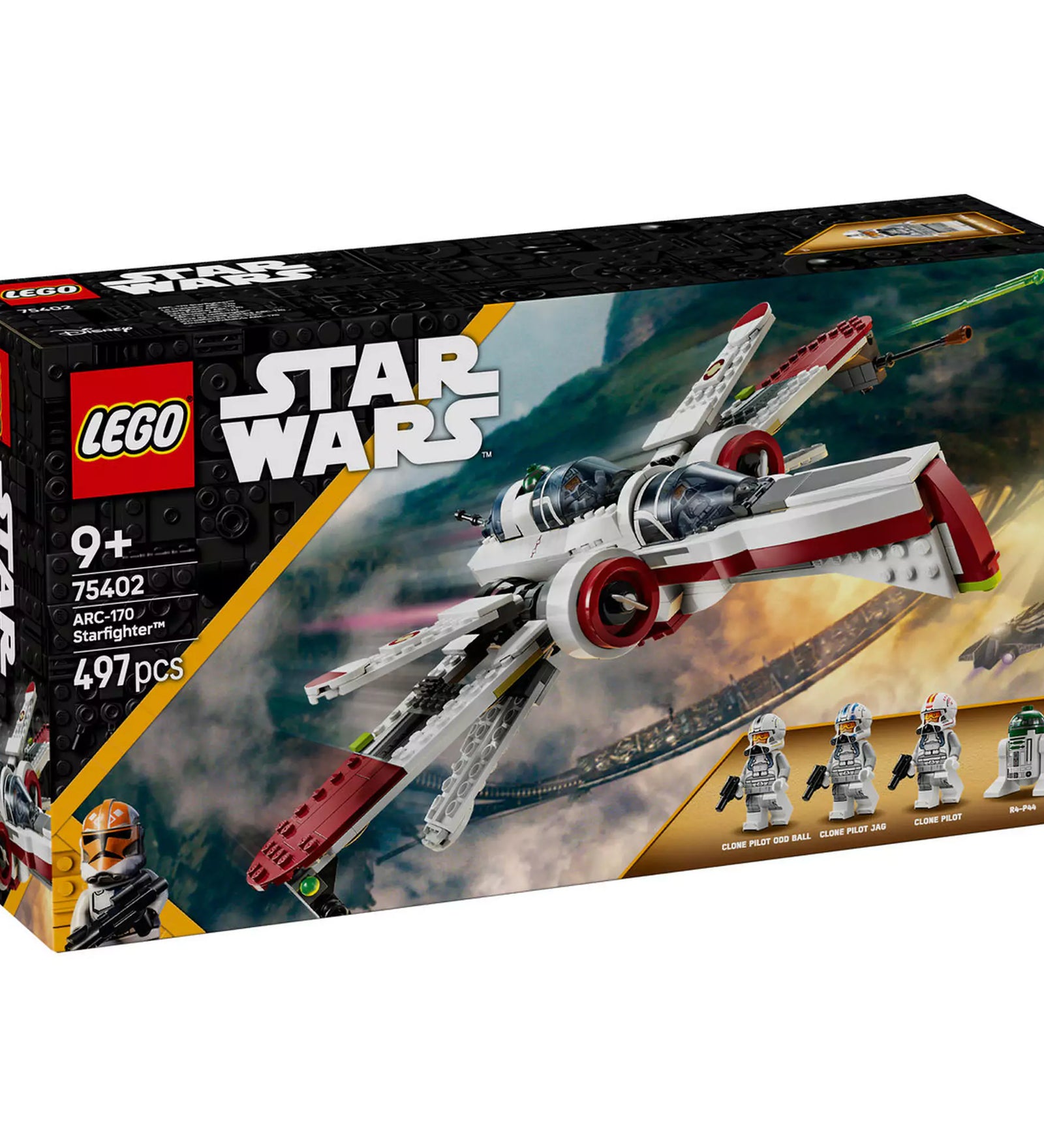  A LEGO Star Wars ARC-170 vadászgép (75402) doboza, melyen a részletgazdag modell és a hozzá tartozó LEGO figurák láthatók.