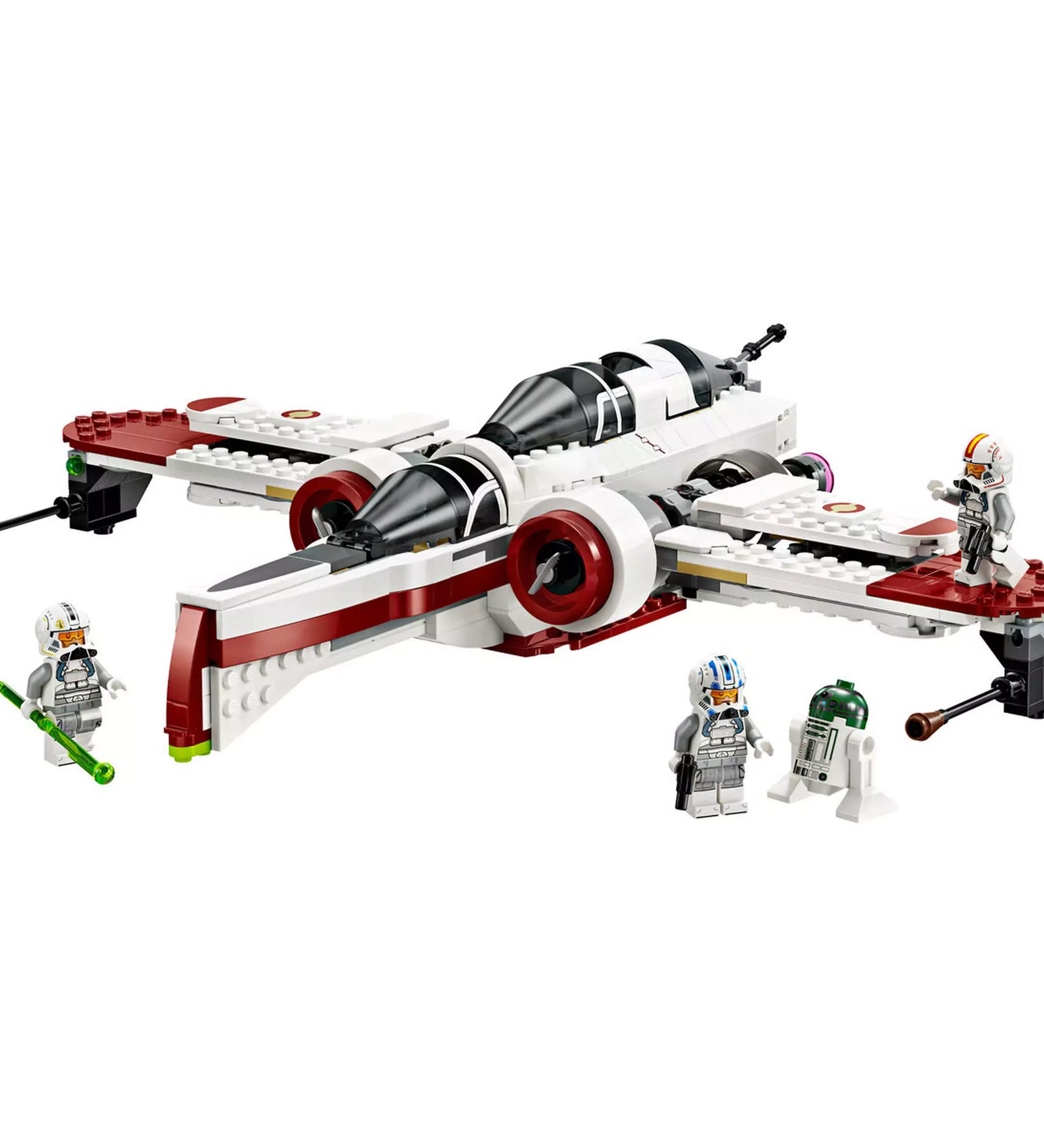  A LEGO Star Wars ARC-170 vadászgép modell közeli képe, amely kiemeli a részleteket és a figurák elhelyezkedését.