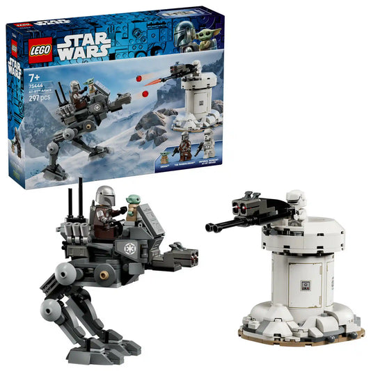 LEGO Star Wars AT-RT támadás 75444 dobozkép és megépített lépegető valamint torony