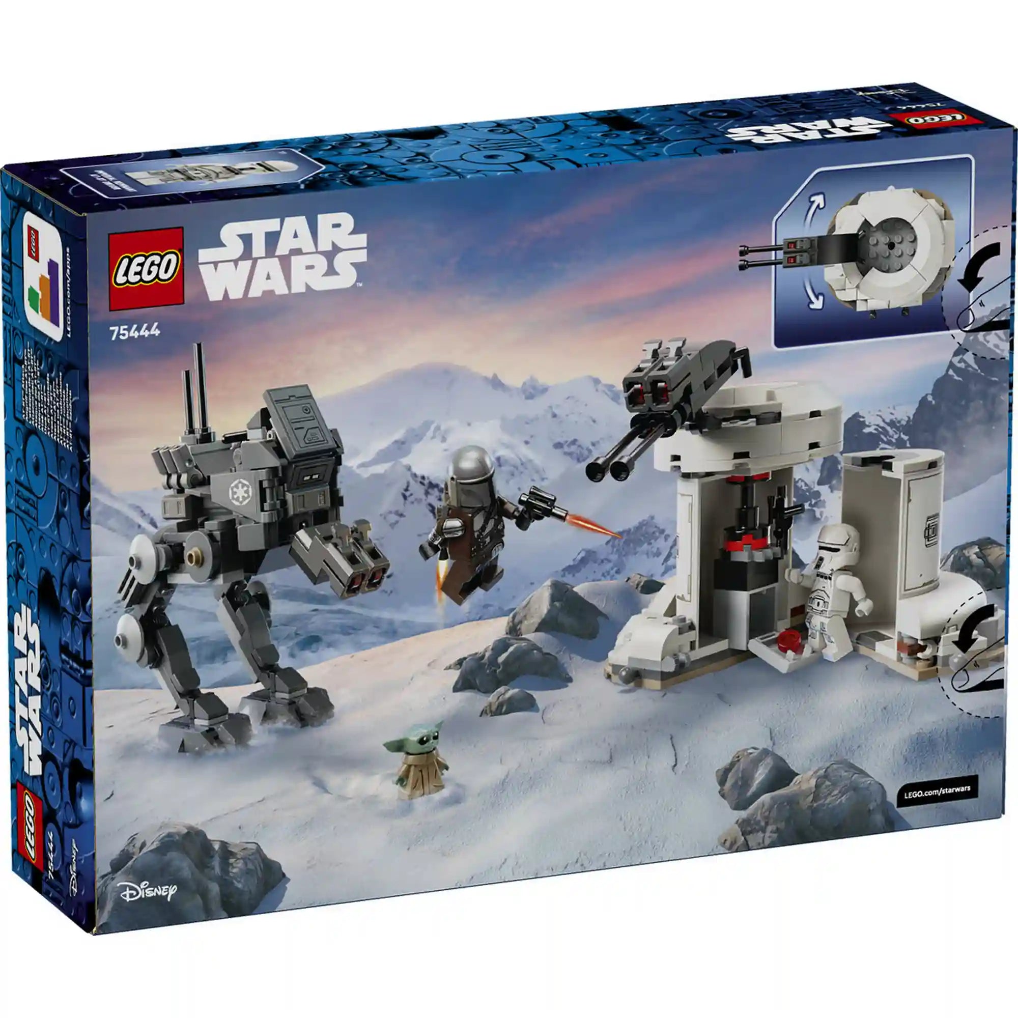 LEGO Star Wars AT-RT támadás doboz hátoldala, funkciók és játéklehetőségek bemutatása