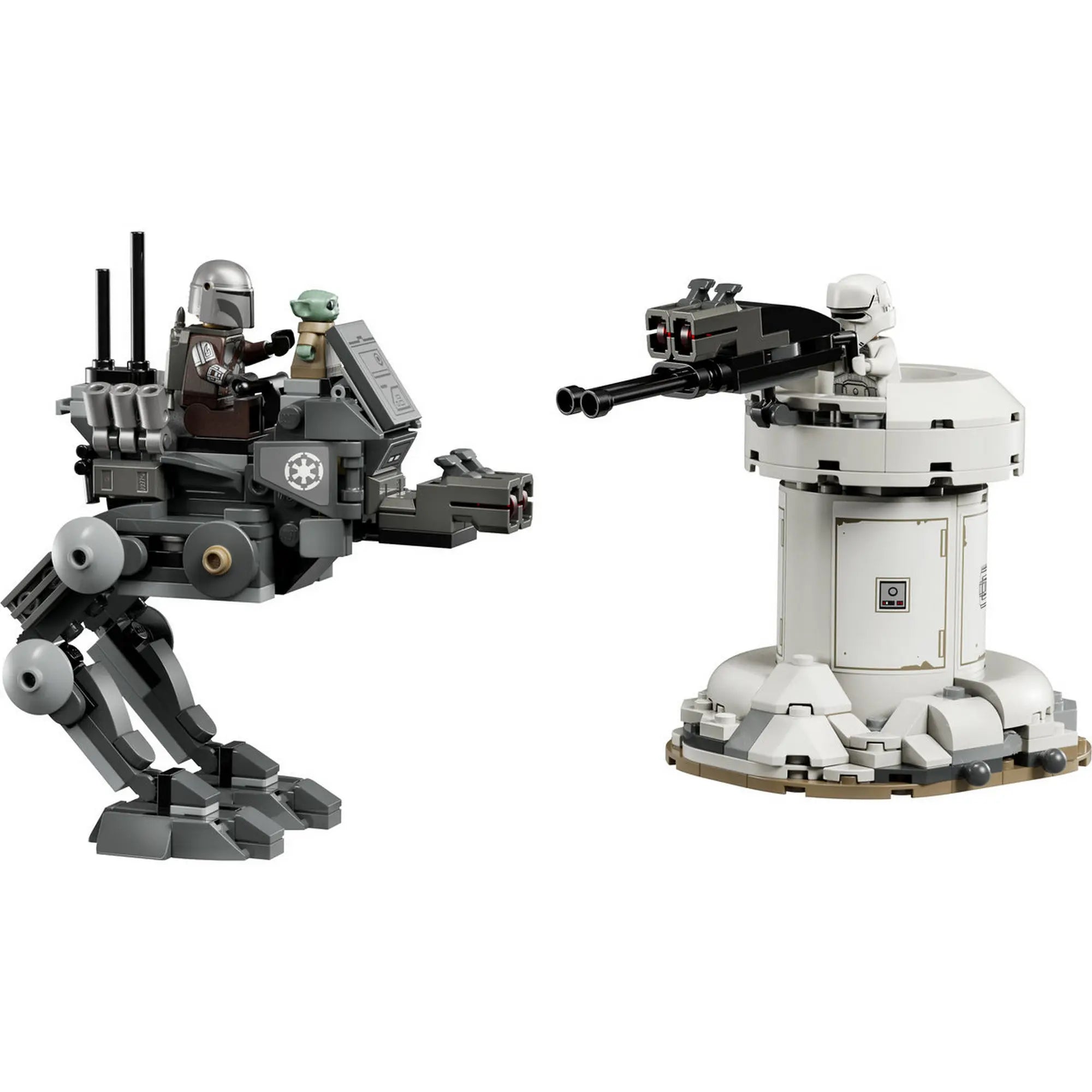 LEGO AT-RT lépegető és védelmi torony részletes nézete fehér háttéren Star Wars jelenetben