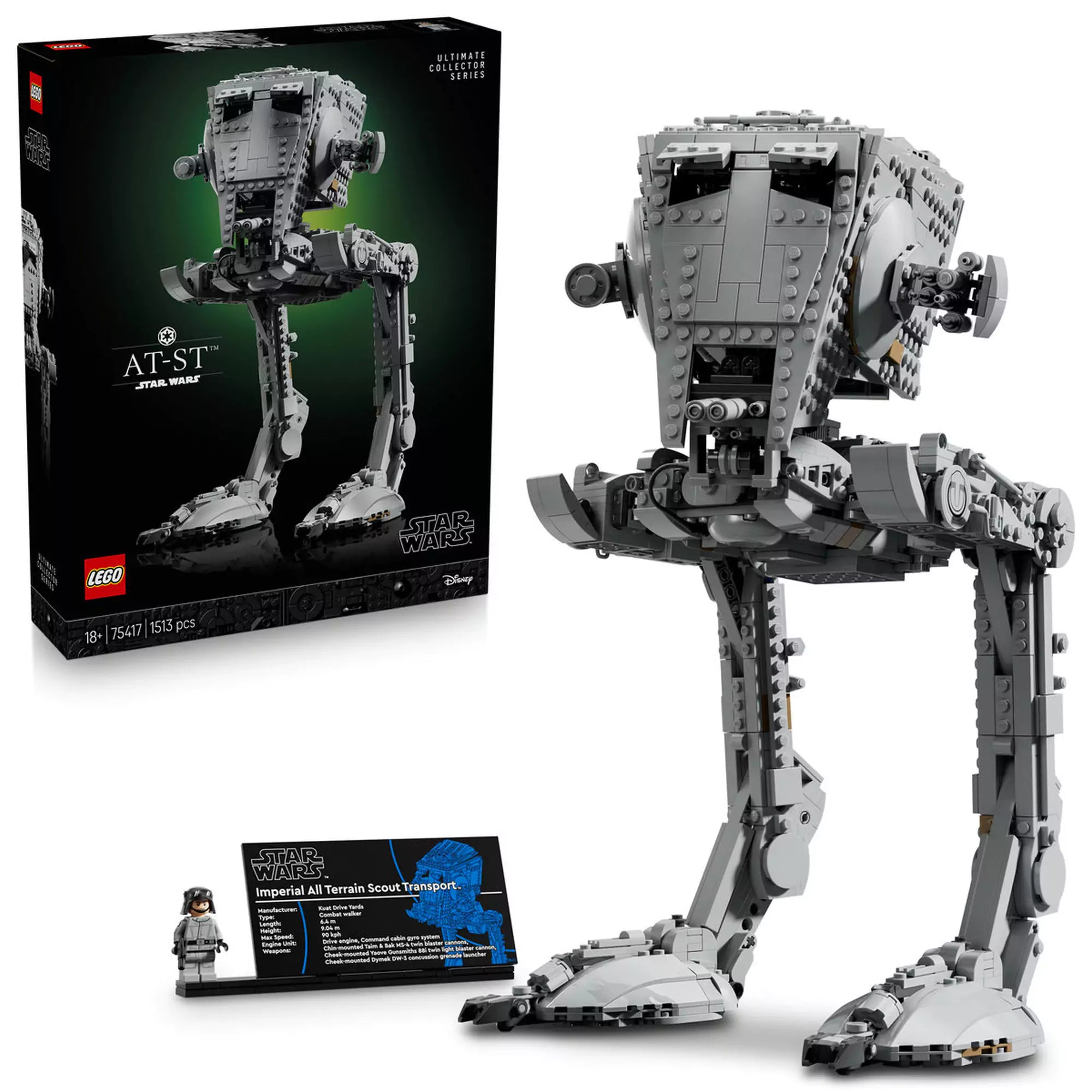 LEGO Star Wars: AT-ST lépegető (75417) készlet dobozzal és kiállított modellel, gyűjtői kiadásban.