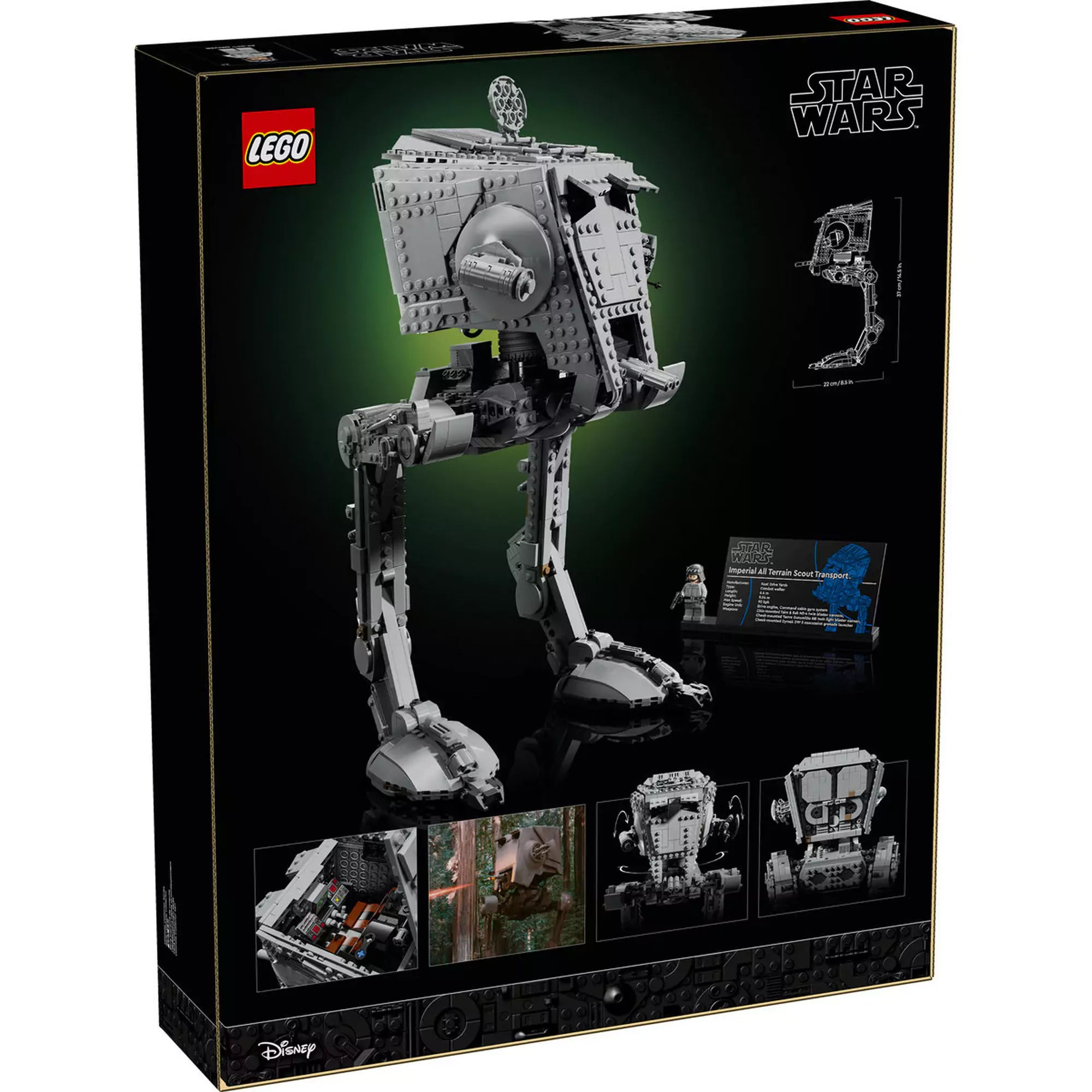 LEGO Star Wars: AT-ST lépegető (75417) doboz hátlapja, a funkciókat, minifigurát és bemutató táblát kiemelve.
