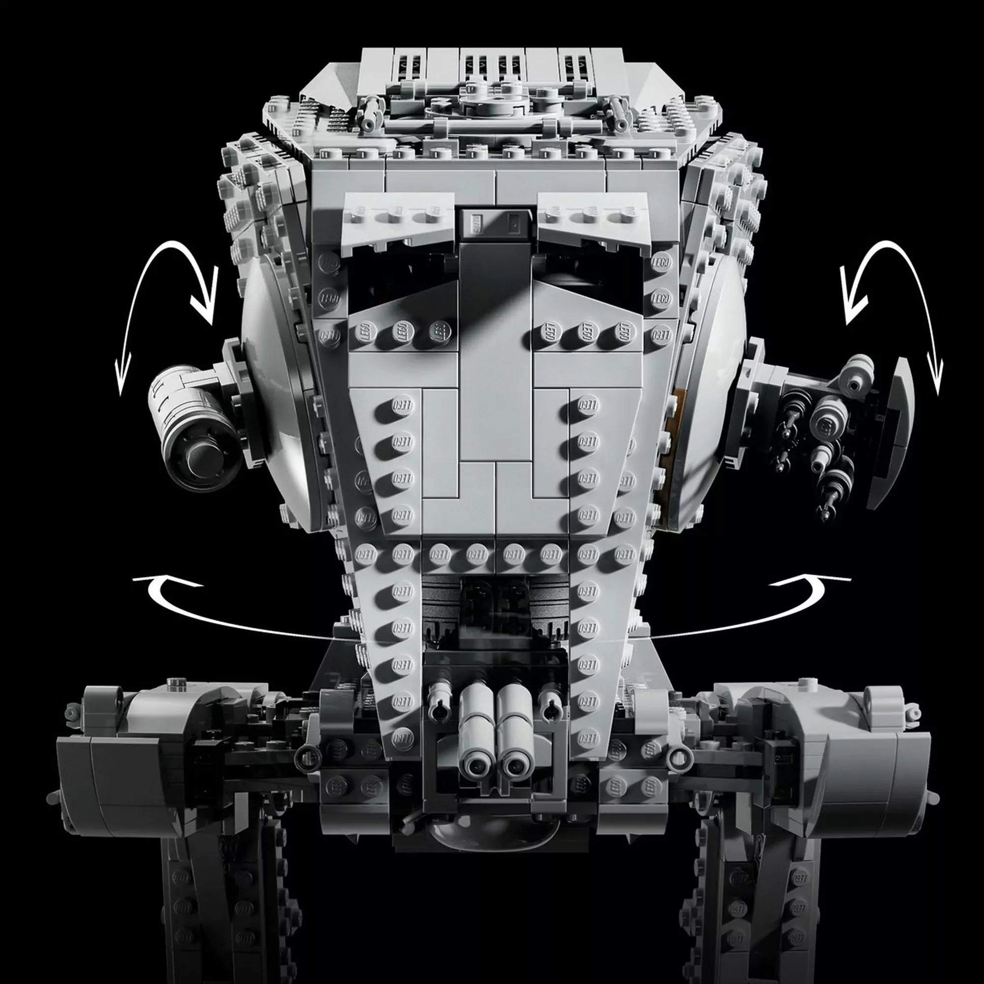 LEGO Star Wars: AT-ST lépegető (75417) mozgatható fej és fegyverek funkciója, közelről bemutatva.