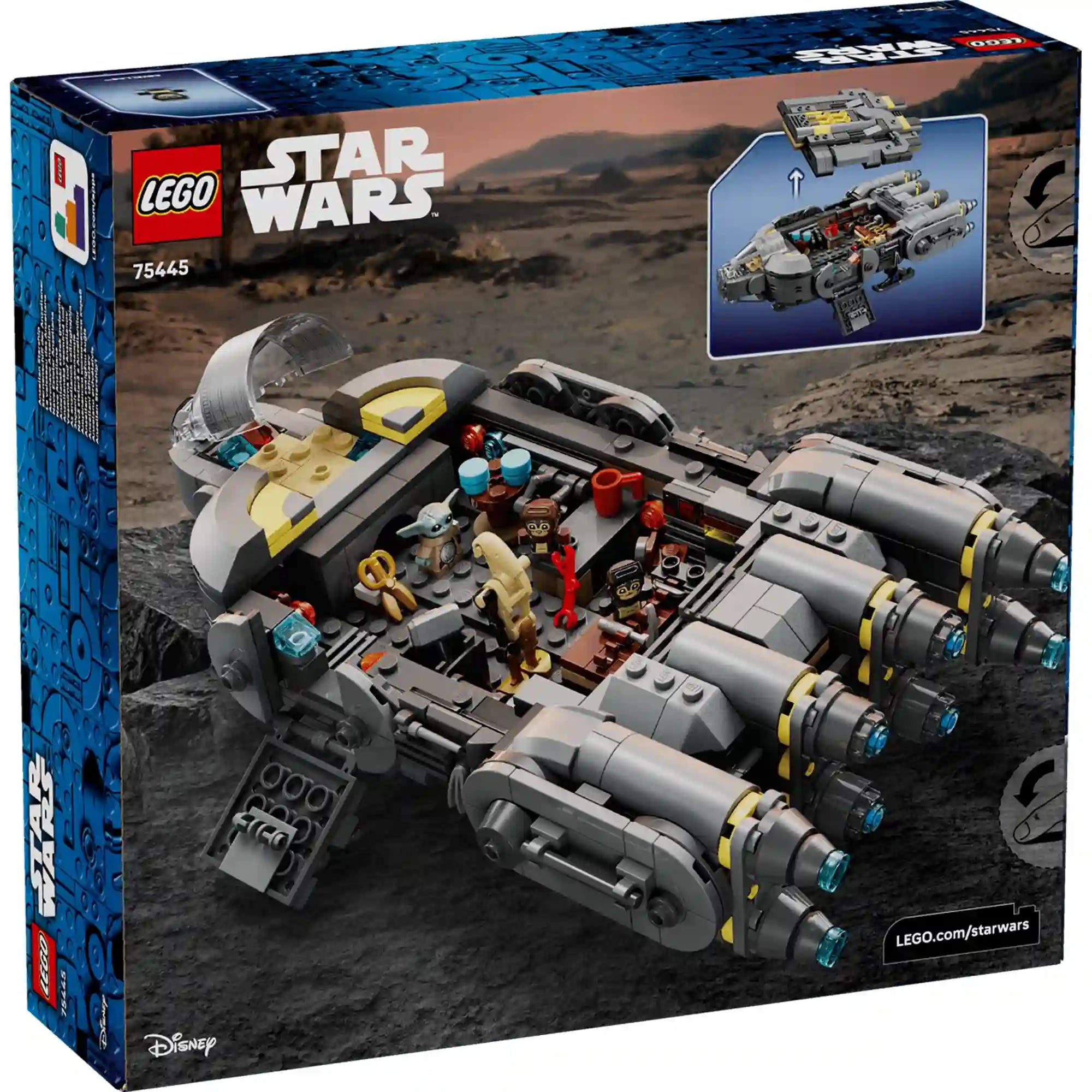 LEGO Star Wars csillaghajó belső térrel és nyitható fedéllel doboz hátoldalán bemutatva