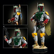 A LEGO Star Wars Boba Fett figura 75455 különböző pózokban, részletgazdag páncéllal, sugárhajtóművel és blaster fegyverrel.