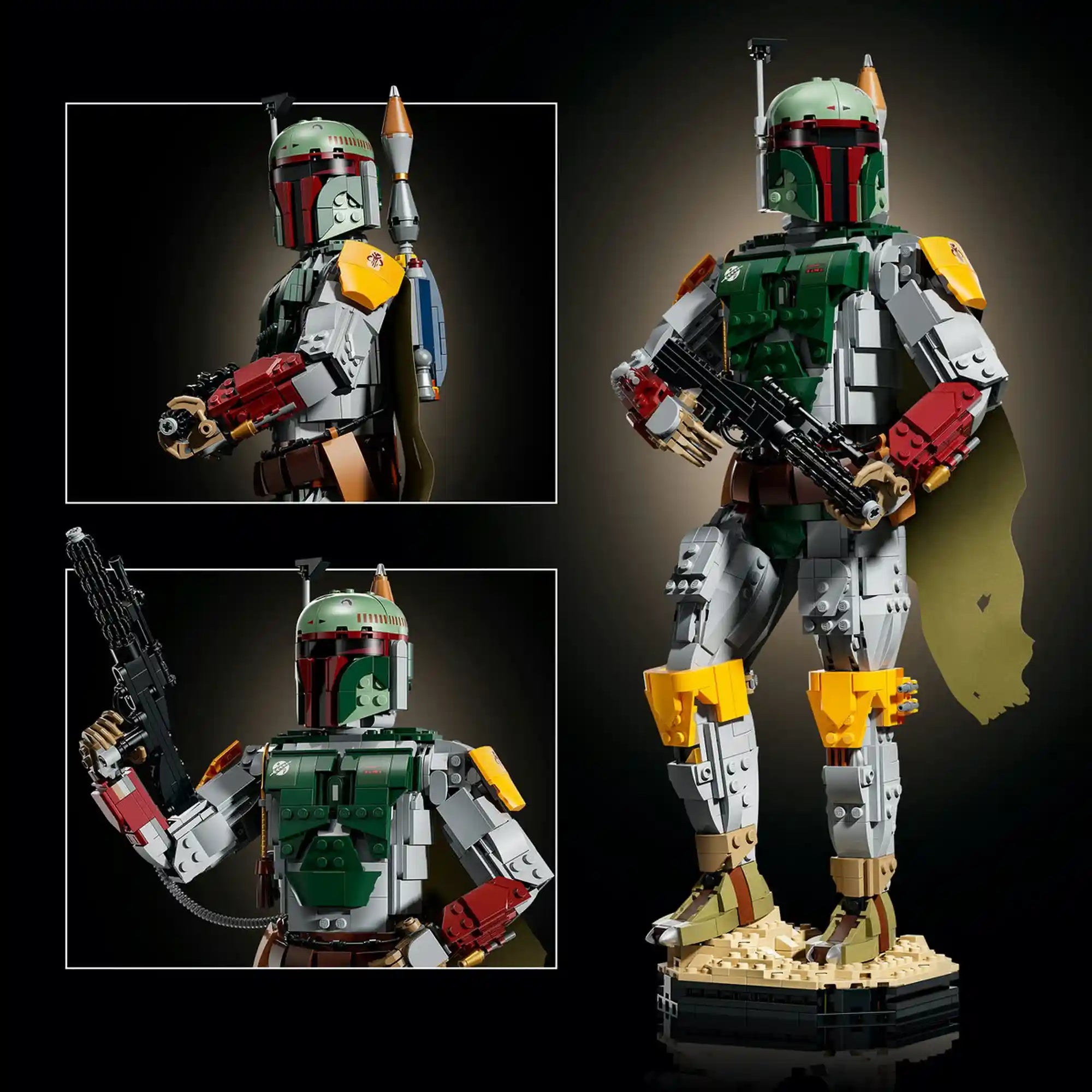 A LEGO Star Wars Boba Fett figura 75455 különböző pózokban, részletgazdag páncéllal, sugárhajtóművel és blaster fegyverrel.