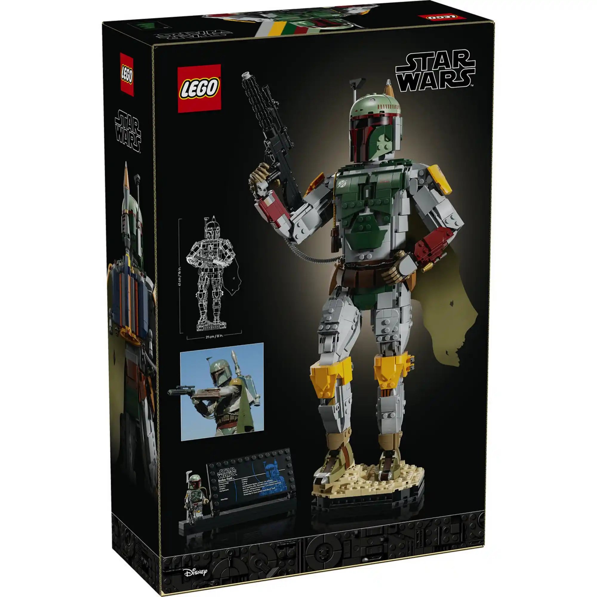 A LEGO Star Wars Boba Fett figura 75455 dobozának hátoldala a kész modell méretével és kiállítási részleteivel.