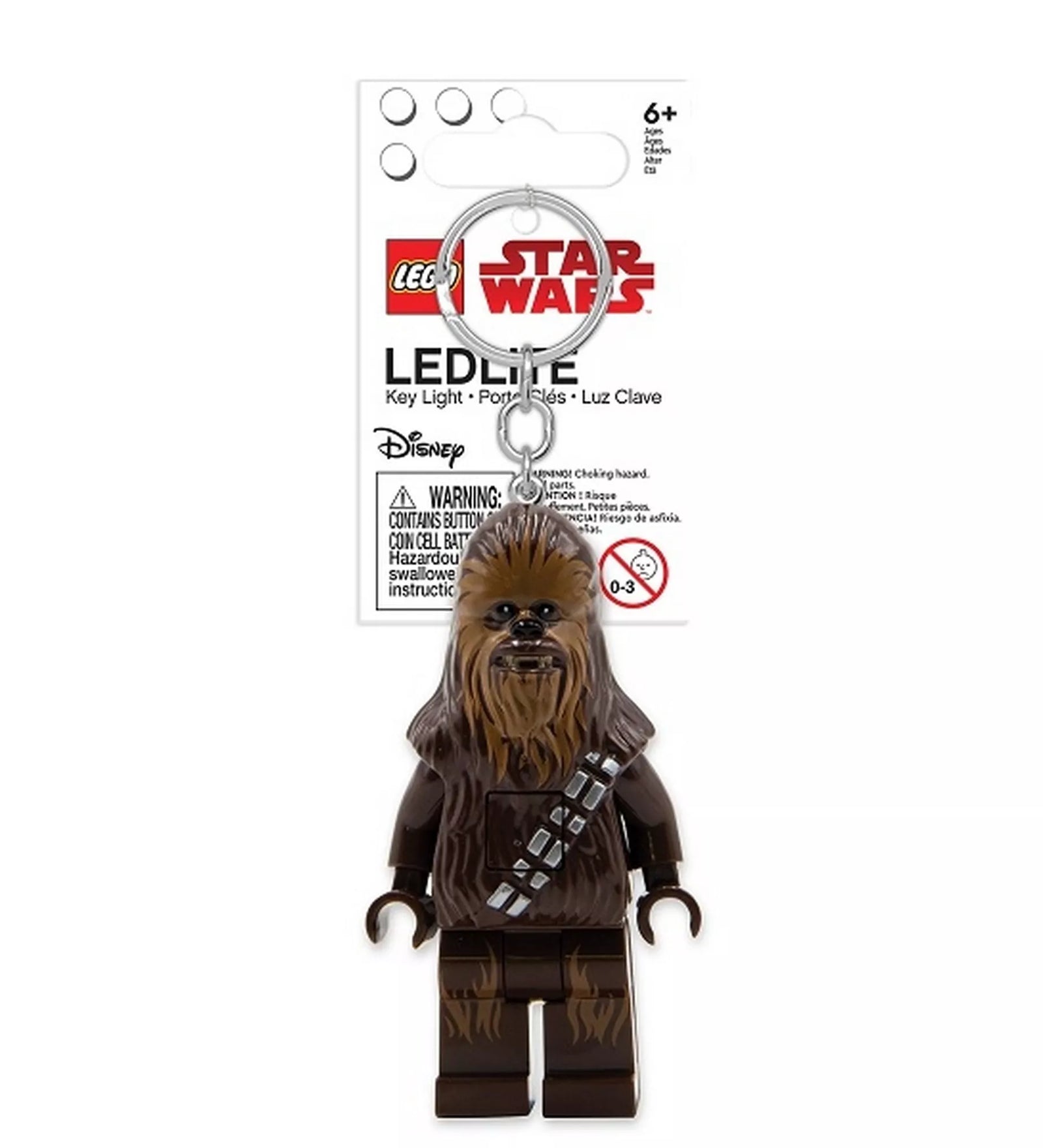 A LEGO Star Wars: Chewbacca LED kulcstartó csomagolása, rajta a híres Wookie harcos minifigurával. A kulcstartó fém karikával, mozgatható végtagokkal és LED-fénnyel rendelkezik, ideális gyűjtőknek és Star Wars-rajongóknak.
