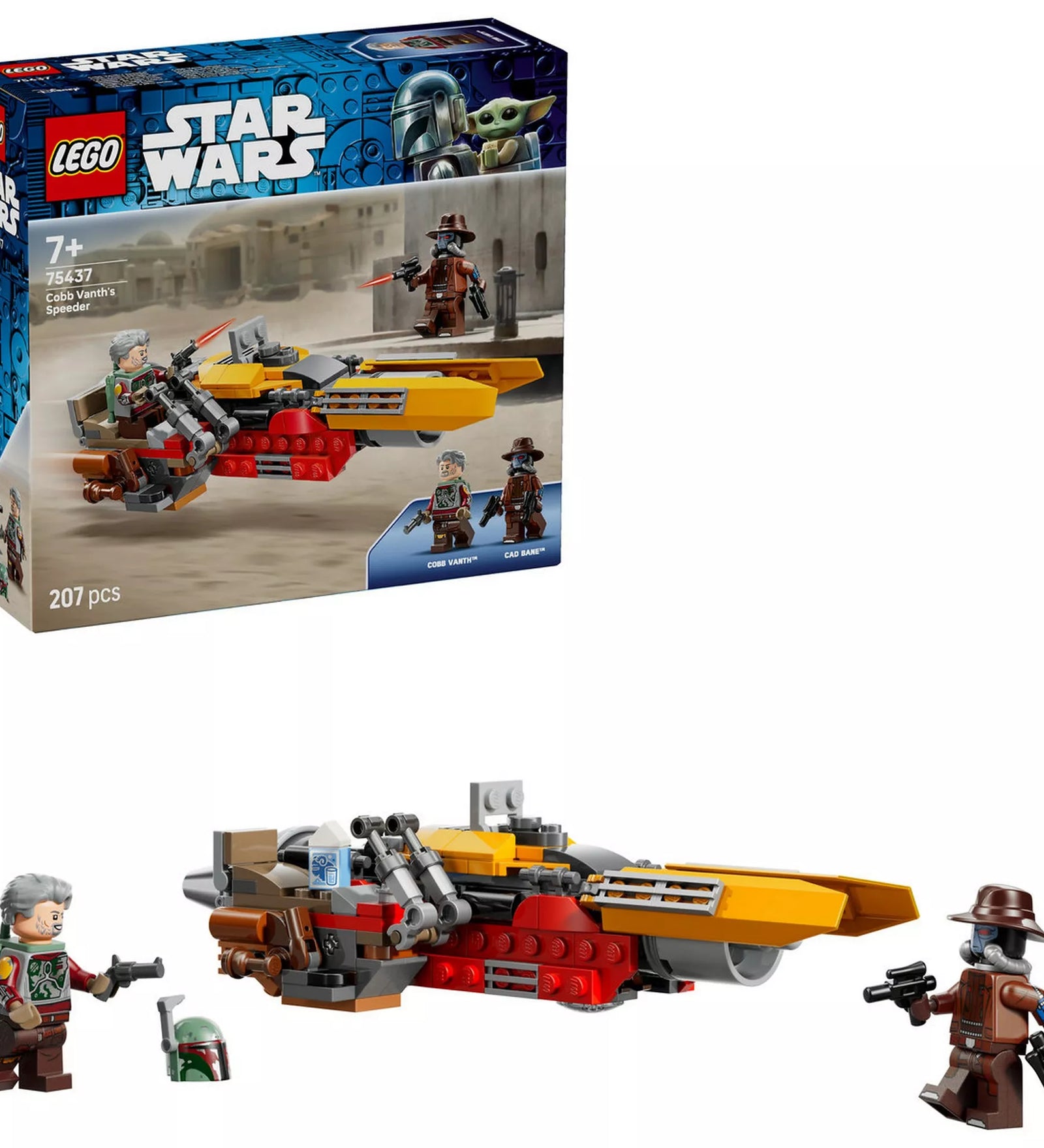 LEGO Star Wars 75437 Cobb Vanth speeder készlet a dobozzal együtt, a teljes speeder modell, minifigurák és kiegészítők jól látható elrendezésben.