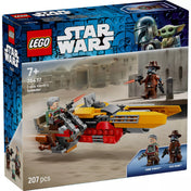 LEGO Star Wars 75437 Cobb Vanth speeder készlet dobozának előlapja, a sivatagi jelenetben repülő speederrel, Cobb Vanth és Cad Bane minifigurákkal, 207 elemes szett.