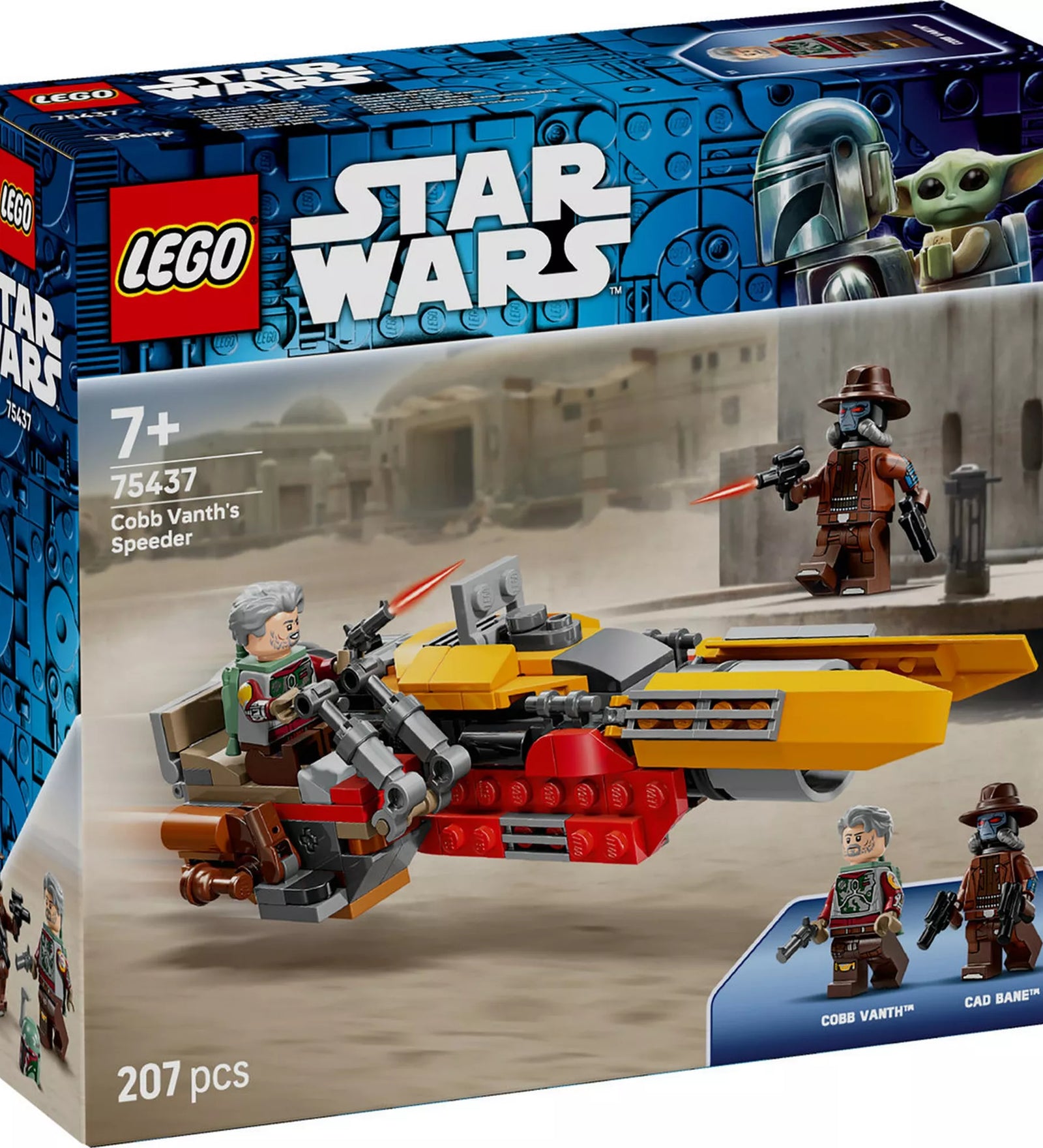 LEGO Star Wars 75437 Cobb Vanth speeder készlet dobozának előlapja, a sivatagi jelenetben repülő speederrel, Cobb Vanth és Cad Bane minifigurákkal, 207 elemes szett.
