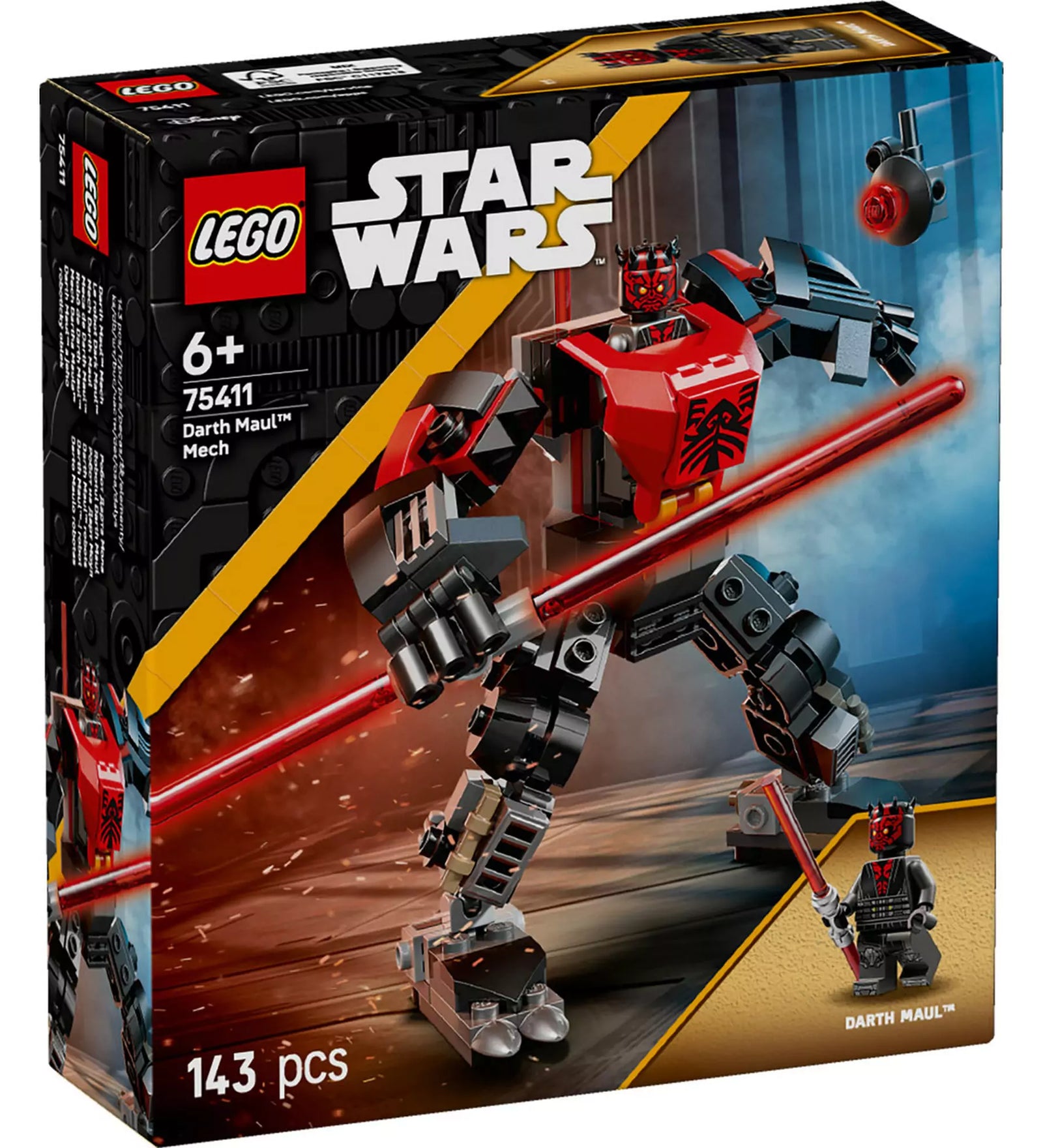 A kép a LEGO Star Wars Darth Maul Mech (75411) készlet színes dobozát mutatja, rajta a Darth Maul figurával és a 143 darabos mechával, vörös és fekete színsémával.