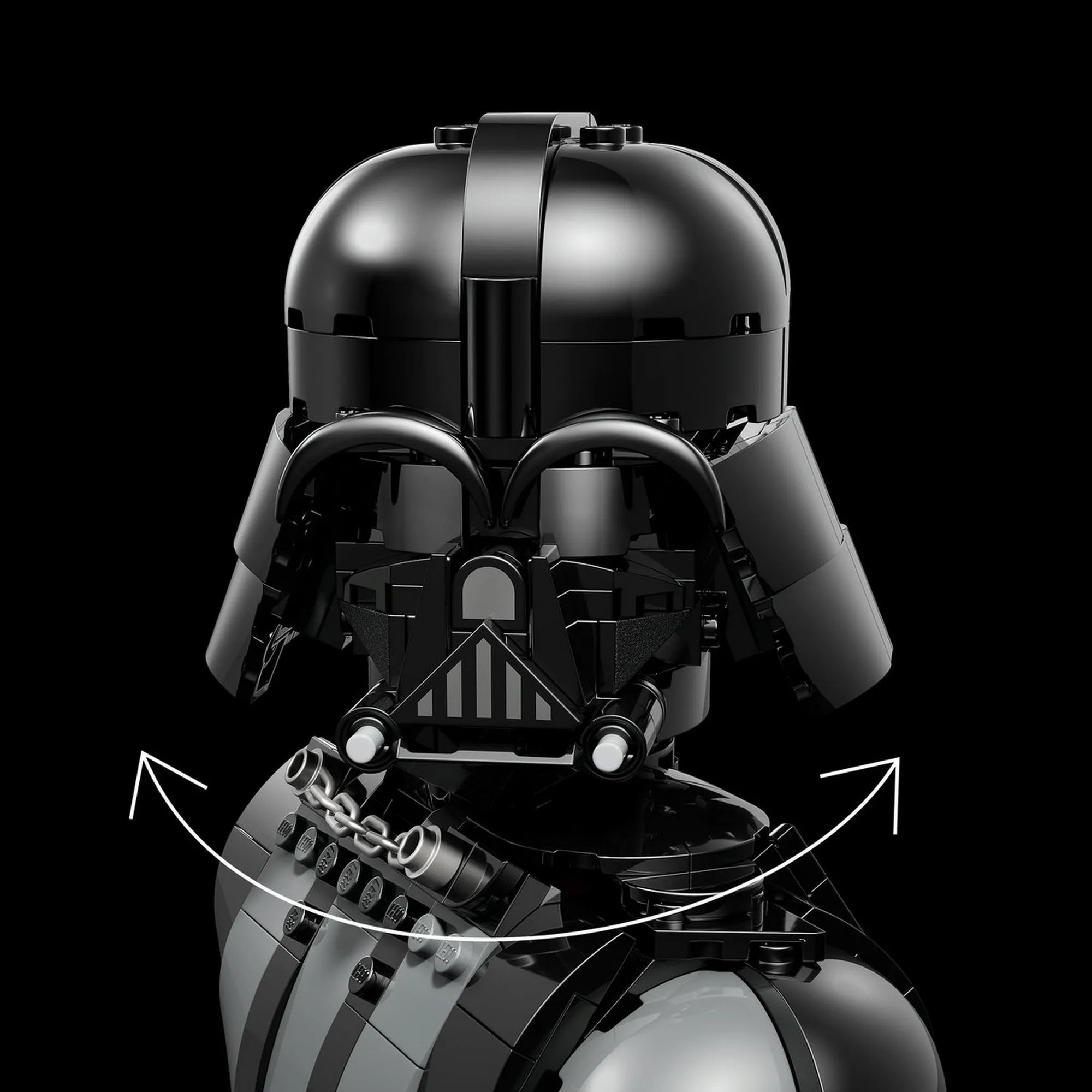LEGO Star Wars Darth Vader (75439) forgatható fej funkció bemutatása fekete háttéren.