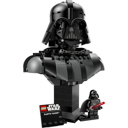 LEGO Star Wars Darth Vader (75439) mellszobor közelről, minifigurával, névjegyzékkel, fehér háttérrel.