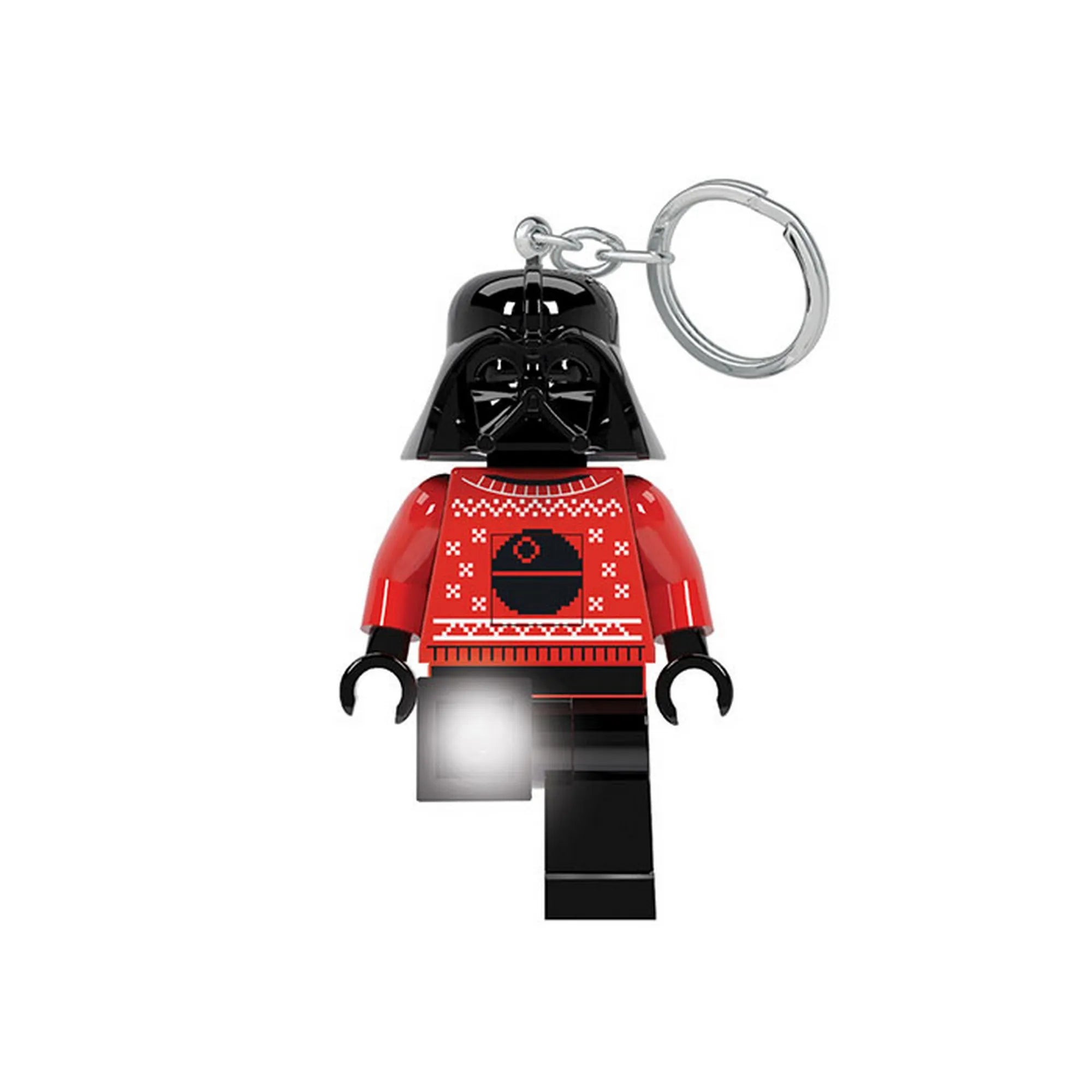 A LEGO Star Wars Darth Vader kulcstartó figurája piros karácsonyi pulóverben, fekete sisakkal és fénykibocsátó lábbal, fém kulcskarika rögzítéssel.