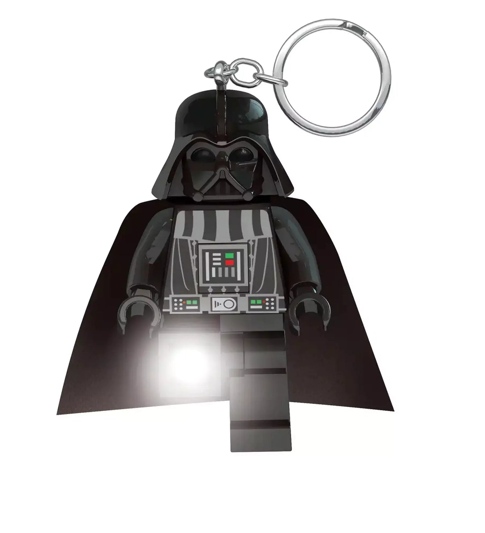 LEGO Star Wars Darth Vader LED kulcstartó működés közben, világító lábbal, fekete köpenyben és jellegzetes sisakban.