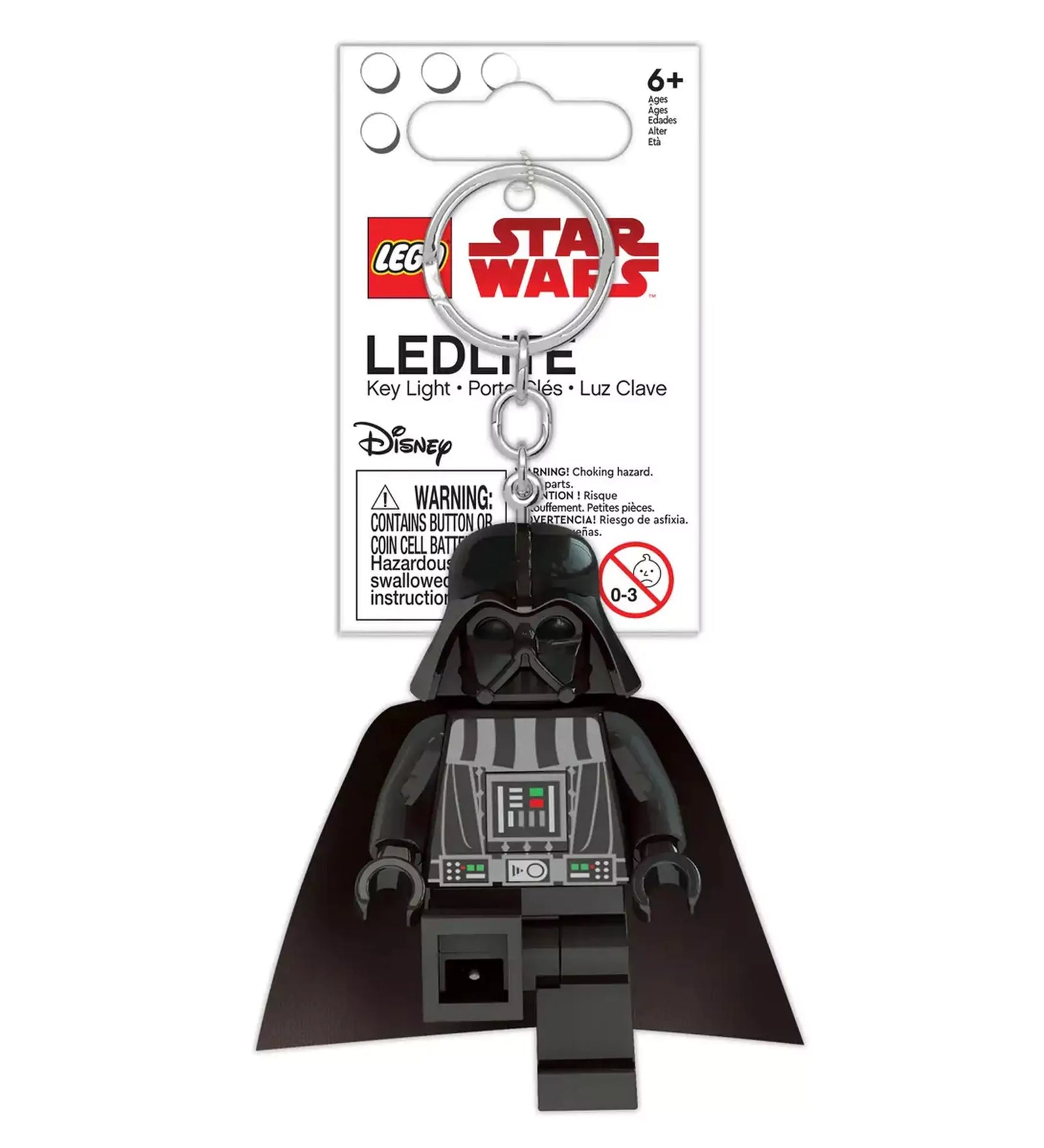 LEGO Star Wars Darth Vader LED kulcstartó a gyári csomagolásban, Star Wars logóval ellátott bliszteren.