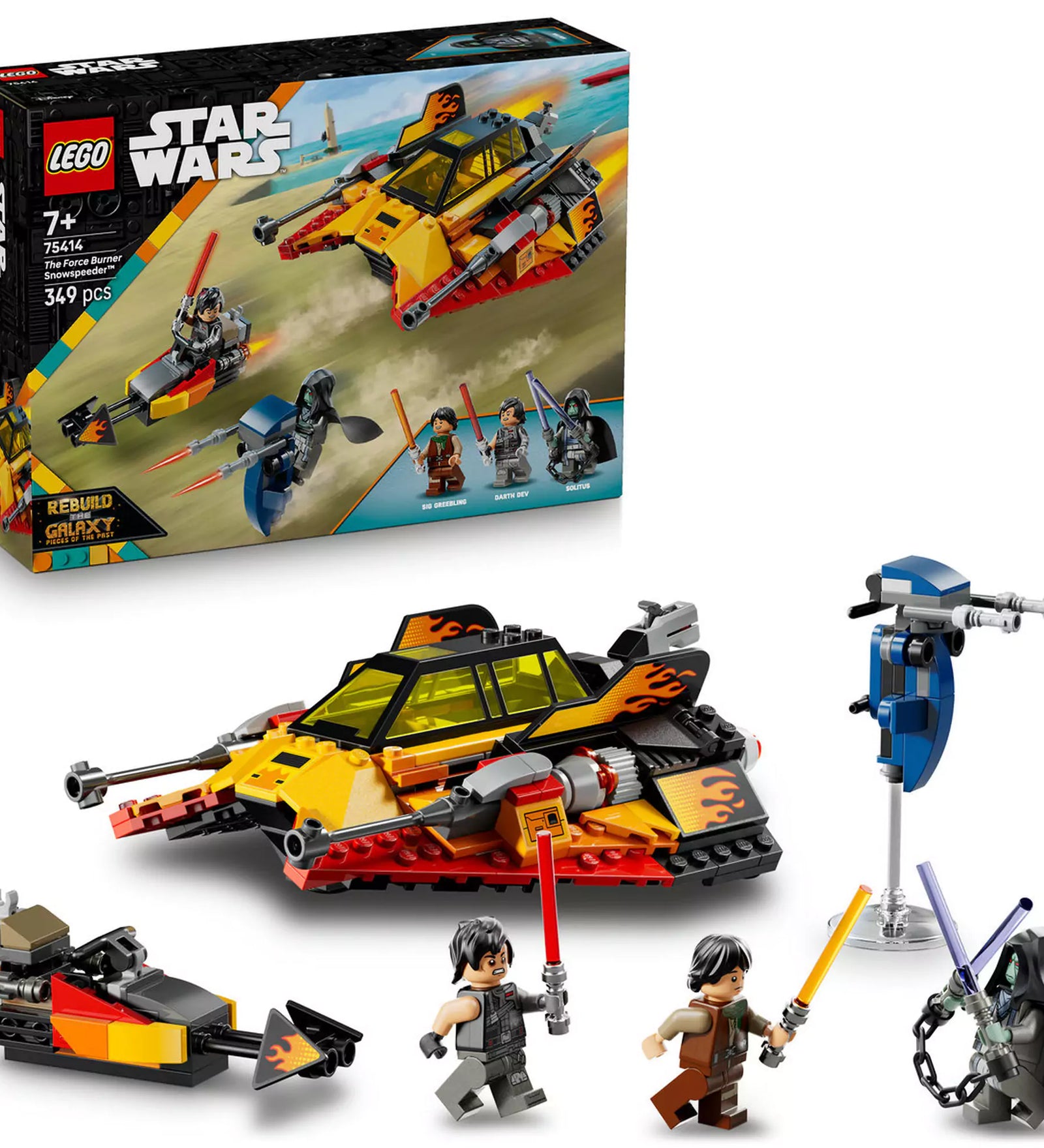 LEGO Star Wars: Force Burner hósikló 75414 készlet dobozzal és figurákkal – A teljes készlet a dobozzal, hósiklóval, STAP járművel, motorbiciklivel és minifigurákkal.
